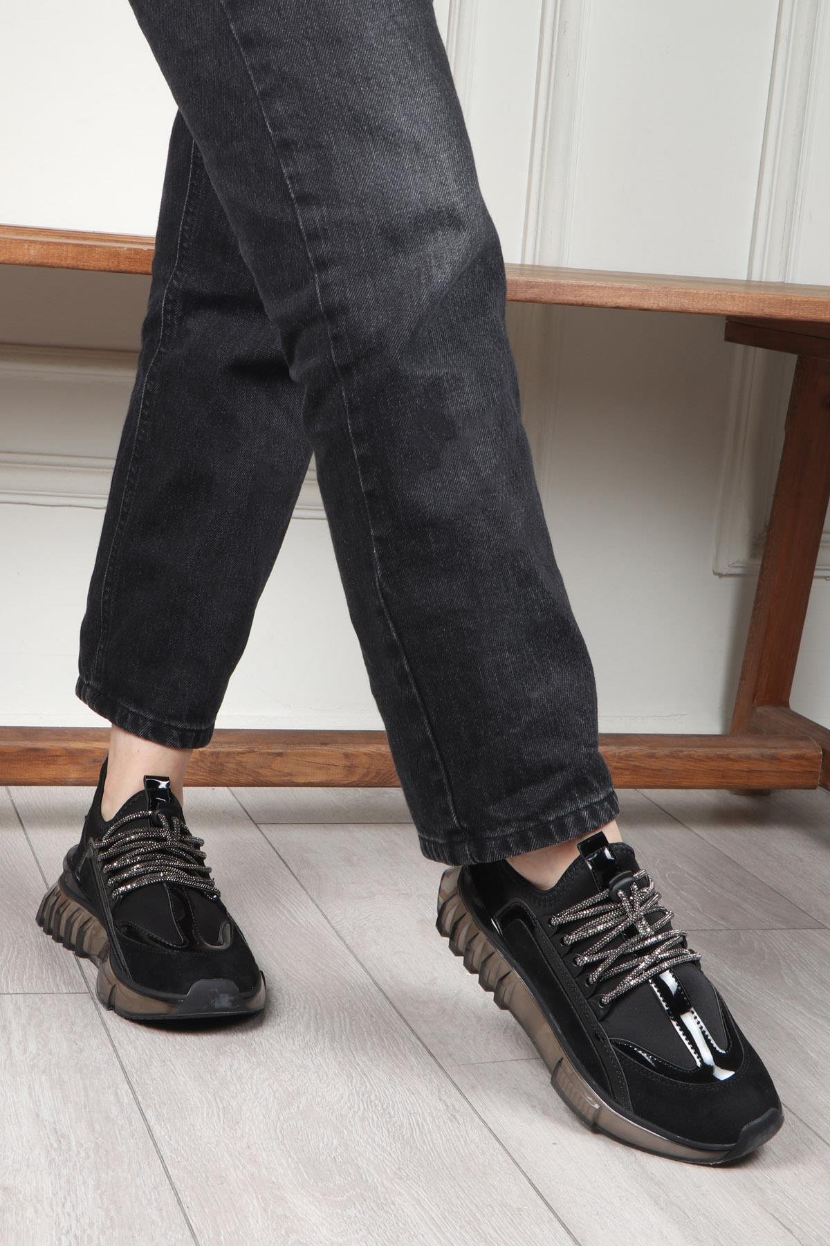 BEREL G242 Taşlı Bağcıklı Kadın Ayakkabı Siyah