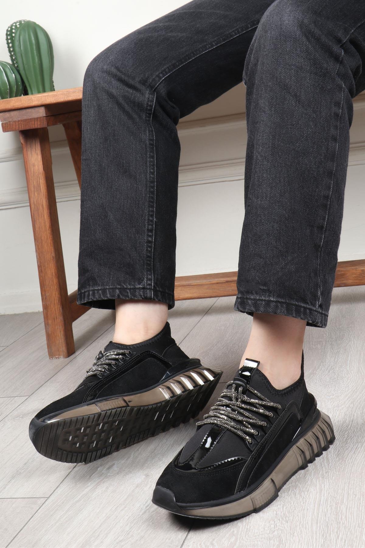 BEREL G242 Taşlı Bağcıklı Kadın Ayakkabı Siyah