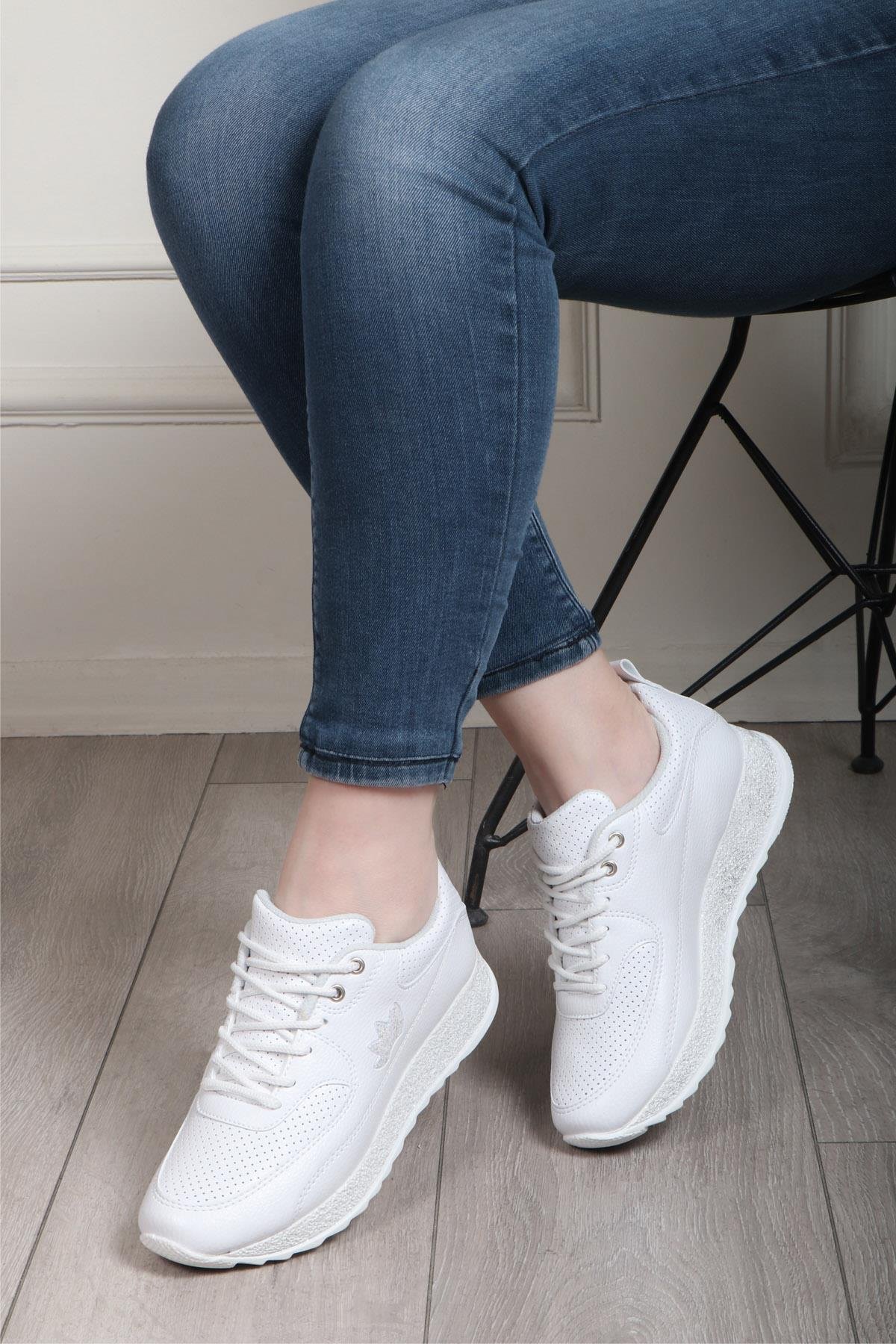 FLET 104 Cilt Simli Kadın Spor Ayakkabı Beyaz