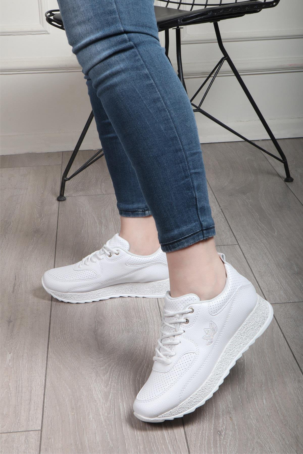 FLET 104 Cilt Simli Kadın Spor Ayakkabı Beyaz