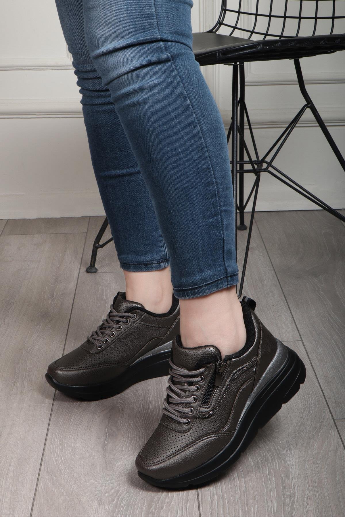 FLET 207 Cilt Fermuarlı Kadın Spor Ayakkabı Kurşun