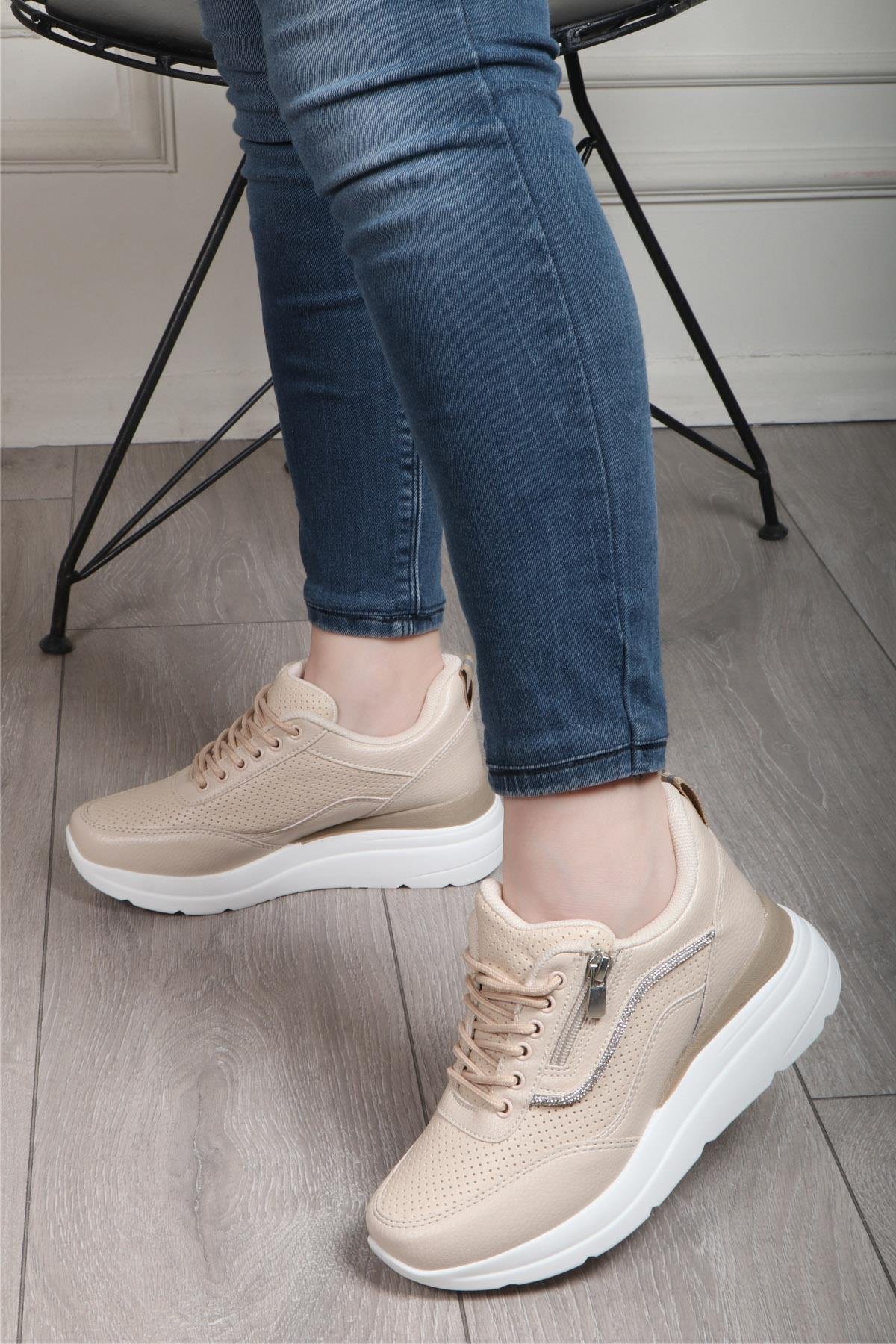 FLET 207 Cilt Fermuarlı Kadın Spor Ayakkabı Bej