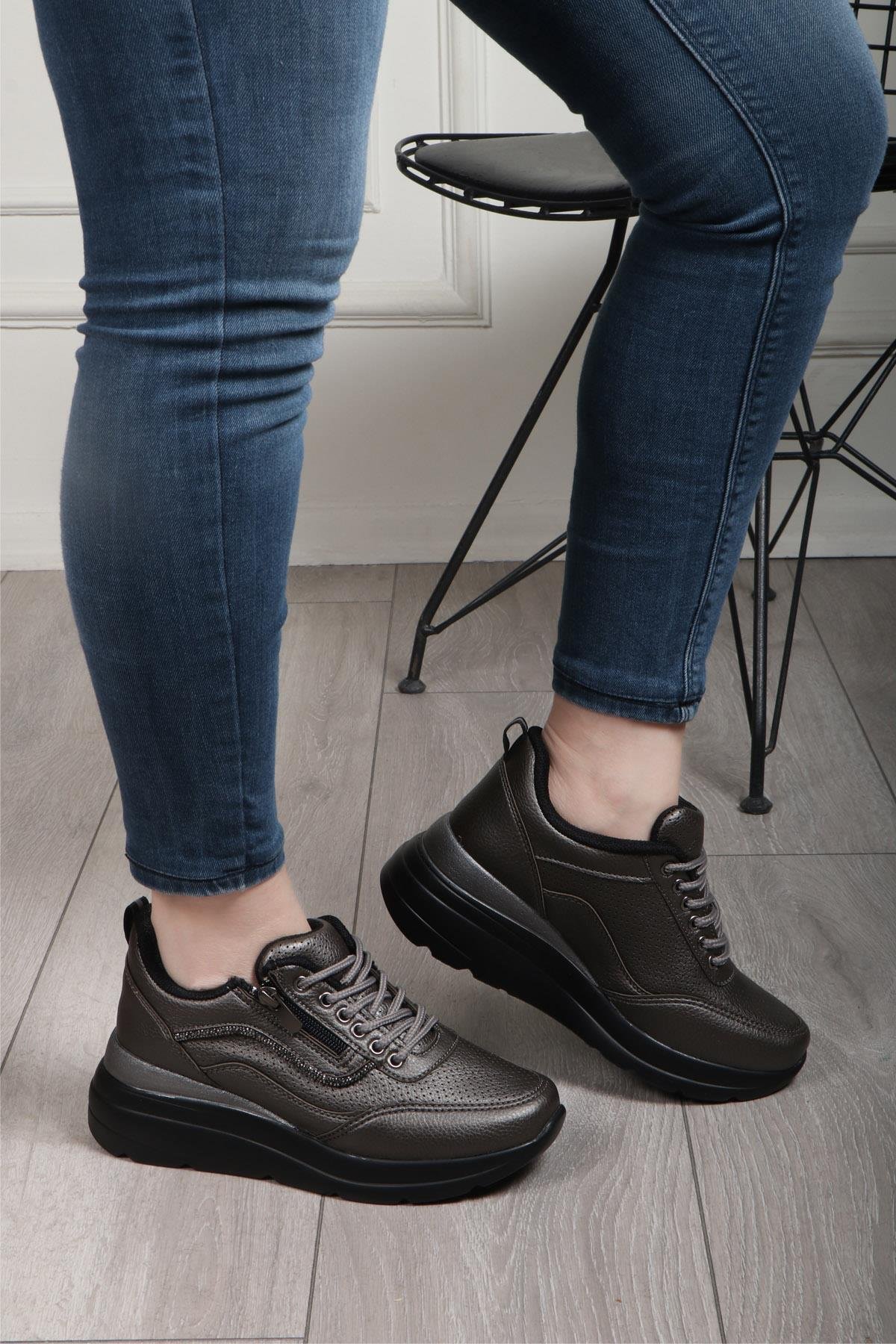 FLET 207 Cilt Fermuarlı Kadın Spor Ayakkabı Kurşun