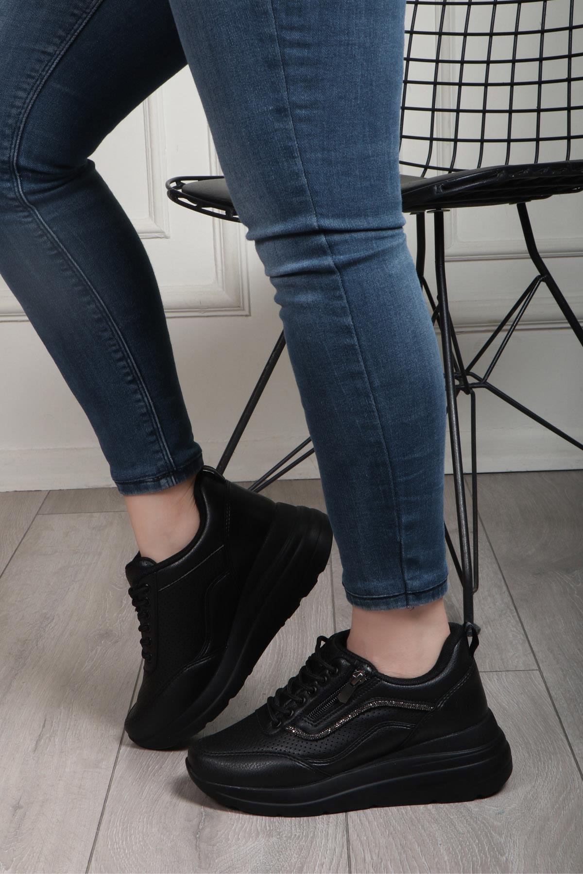 FLET 207 Cilt Fermuarlı Kadın Spor Ayakkabı Siyah Siyah