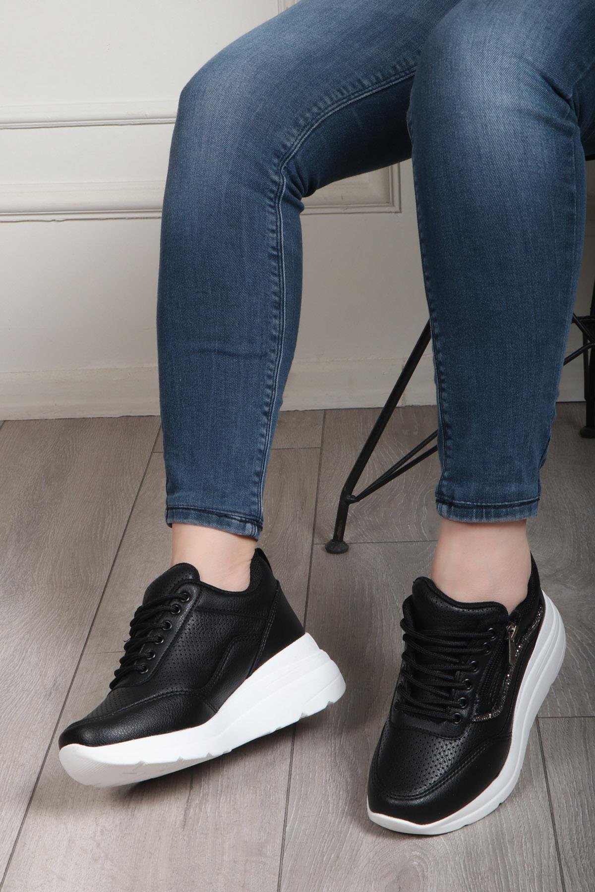 FLET 207 Cilt Fermuarlı Kadın Spor Ayakkabı Siyah Beyaz