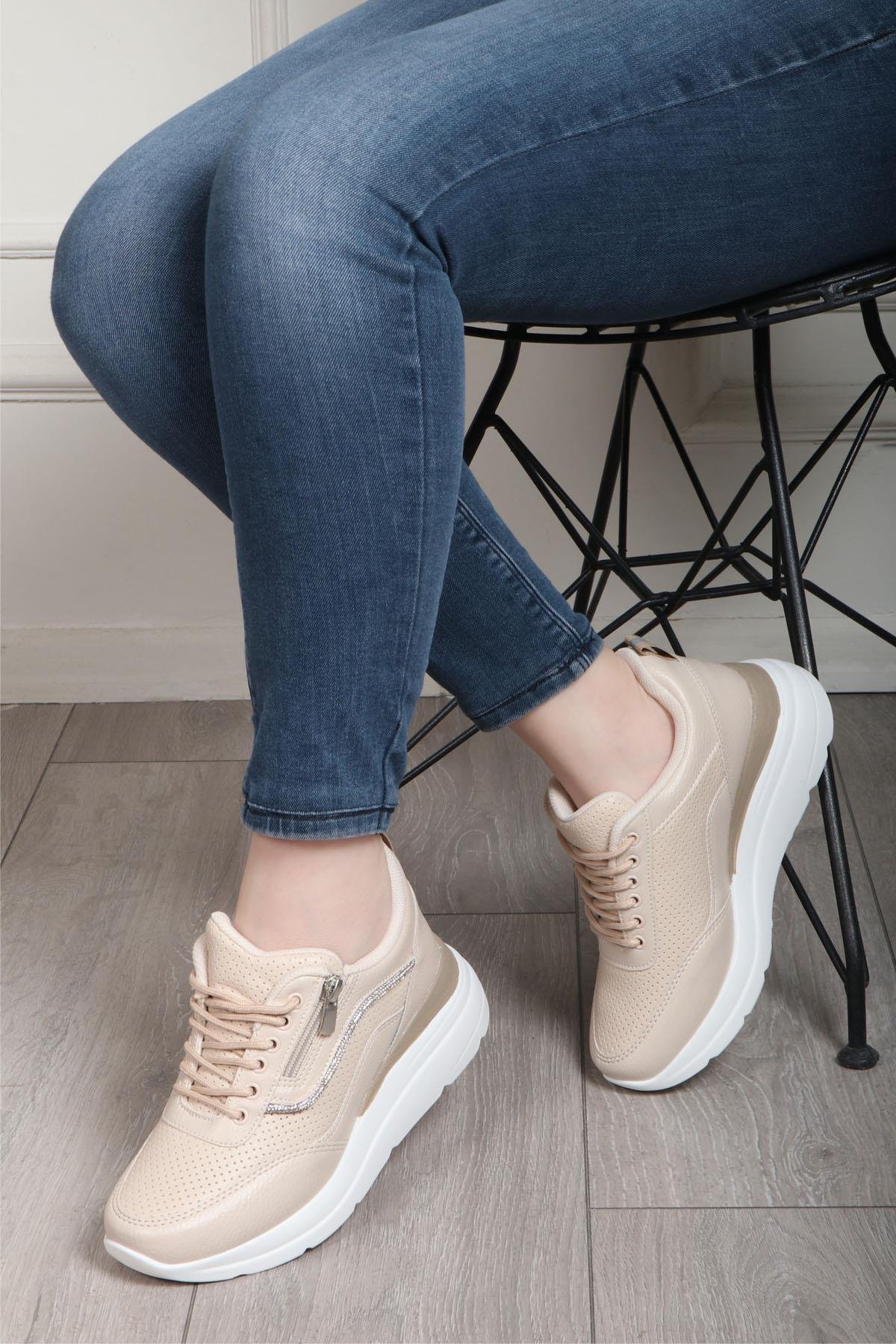 FLET 207 Cilt Fermuarlı Kadın Spor Ayakkabı Bej