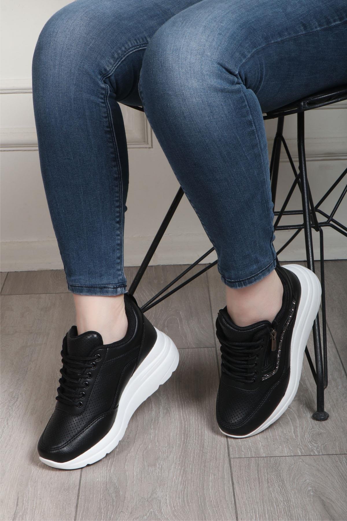 FLET 207 Cilt Fermuarlı Kadın Spor Ayakkabı Siyah Beyaz