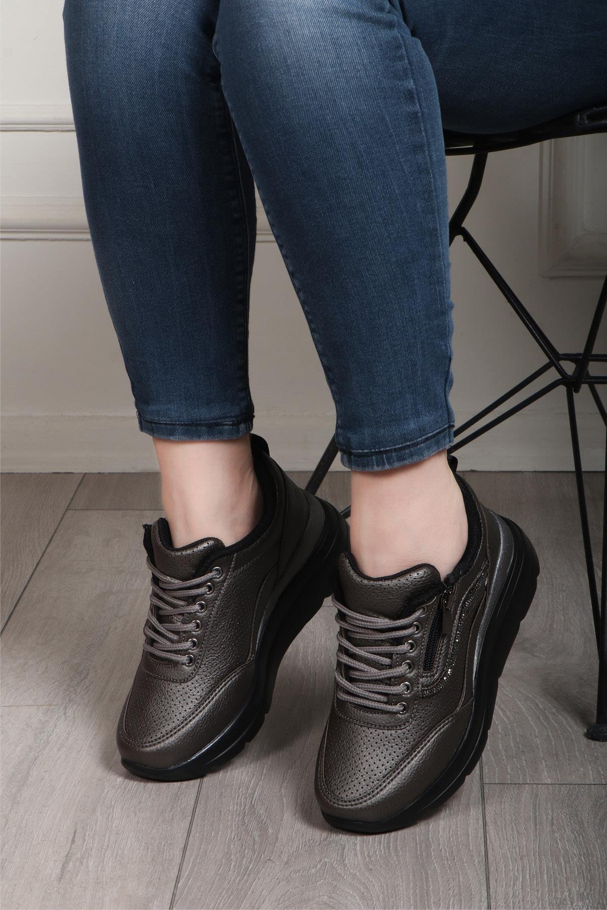 FLET 207 Cilt Fermuarlı Kadın Spor Ayakkabı Kurşun