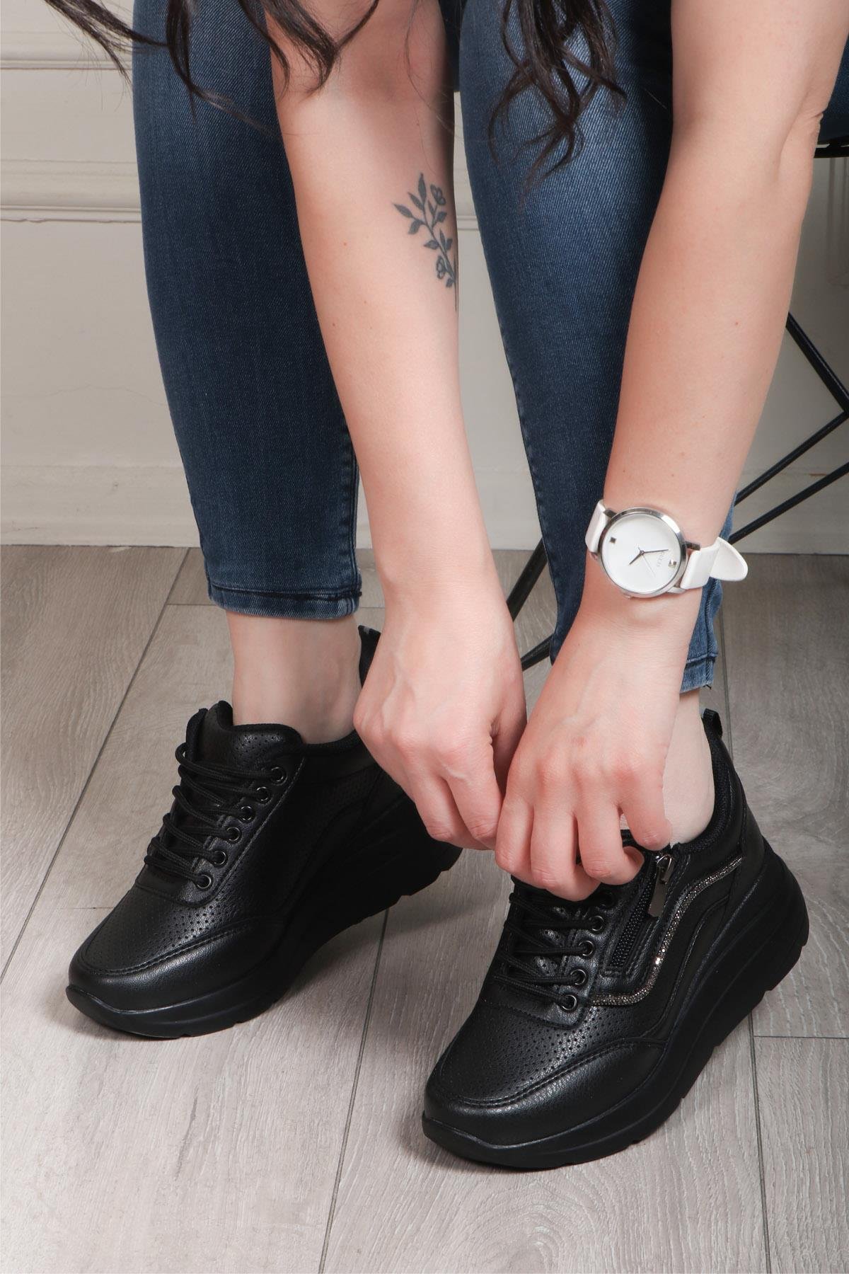 FLET 207 Cilt Fermuarlı Kadın Spor Ayakkabı Siyah Siyah