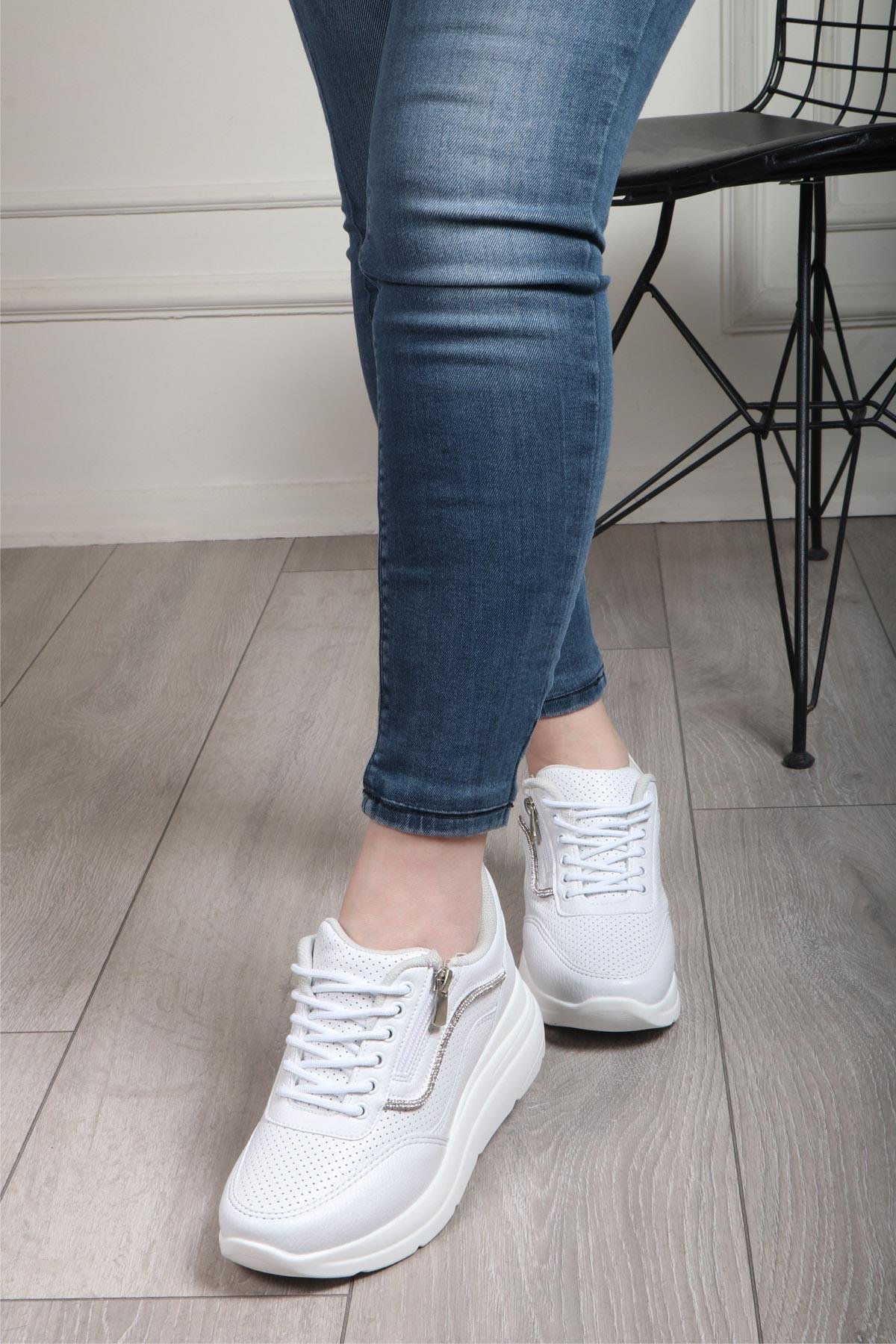 FLET 207 Cilt Fermuarlı Kadın Spor Ayakkabı Beyaz Beyaz