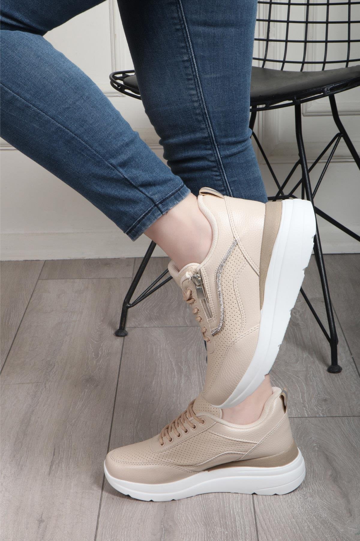 FLET 207 Cilt Fermuarlı Kadın Spor Ayakkabı Bej