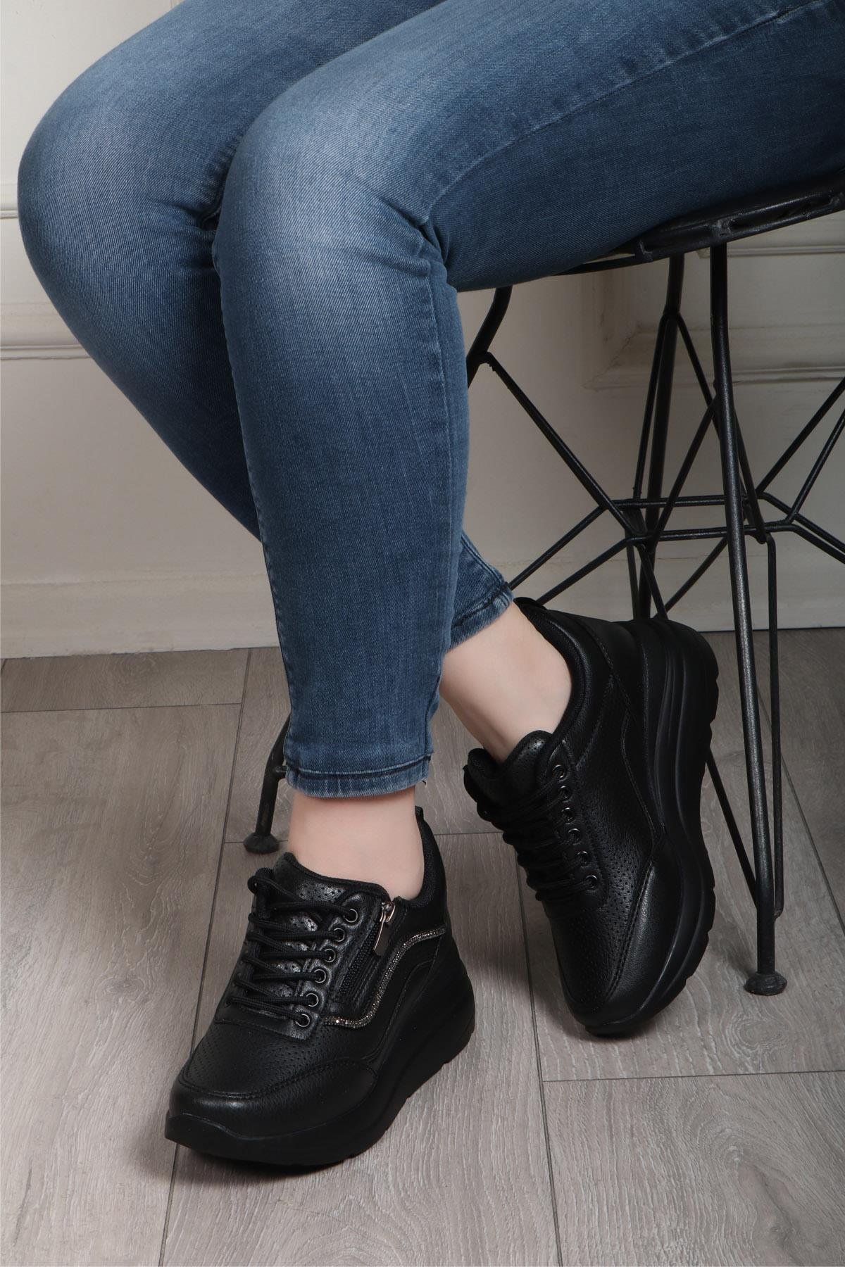 FLET 207 Cilt Fermuarlı Kadın Spor Ayakkabı Siyah Siyah