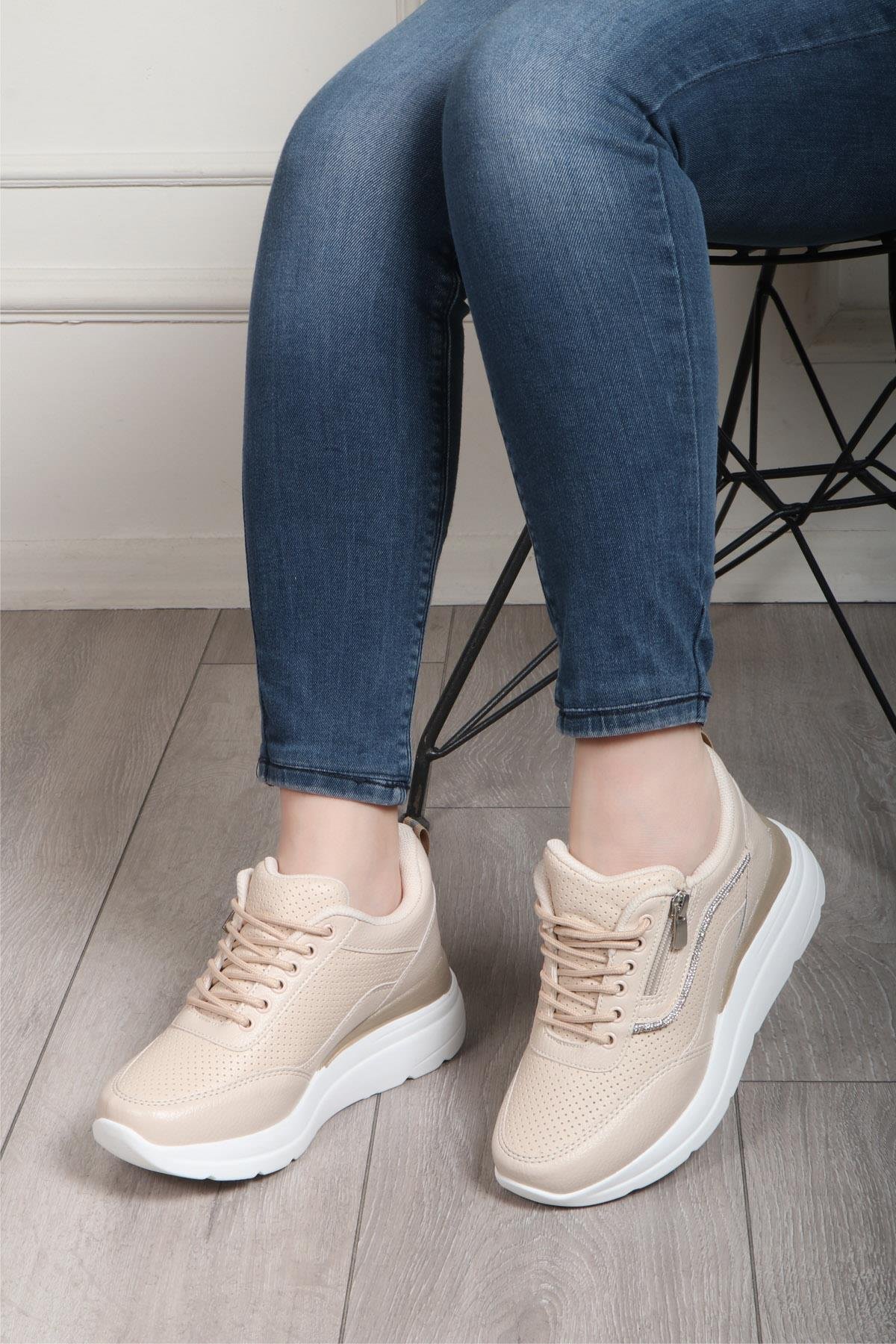 FLET 207 Cilt Fermuarlı Kadın Spor Ayakkabı Bej