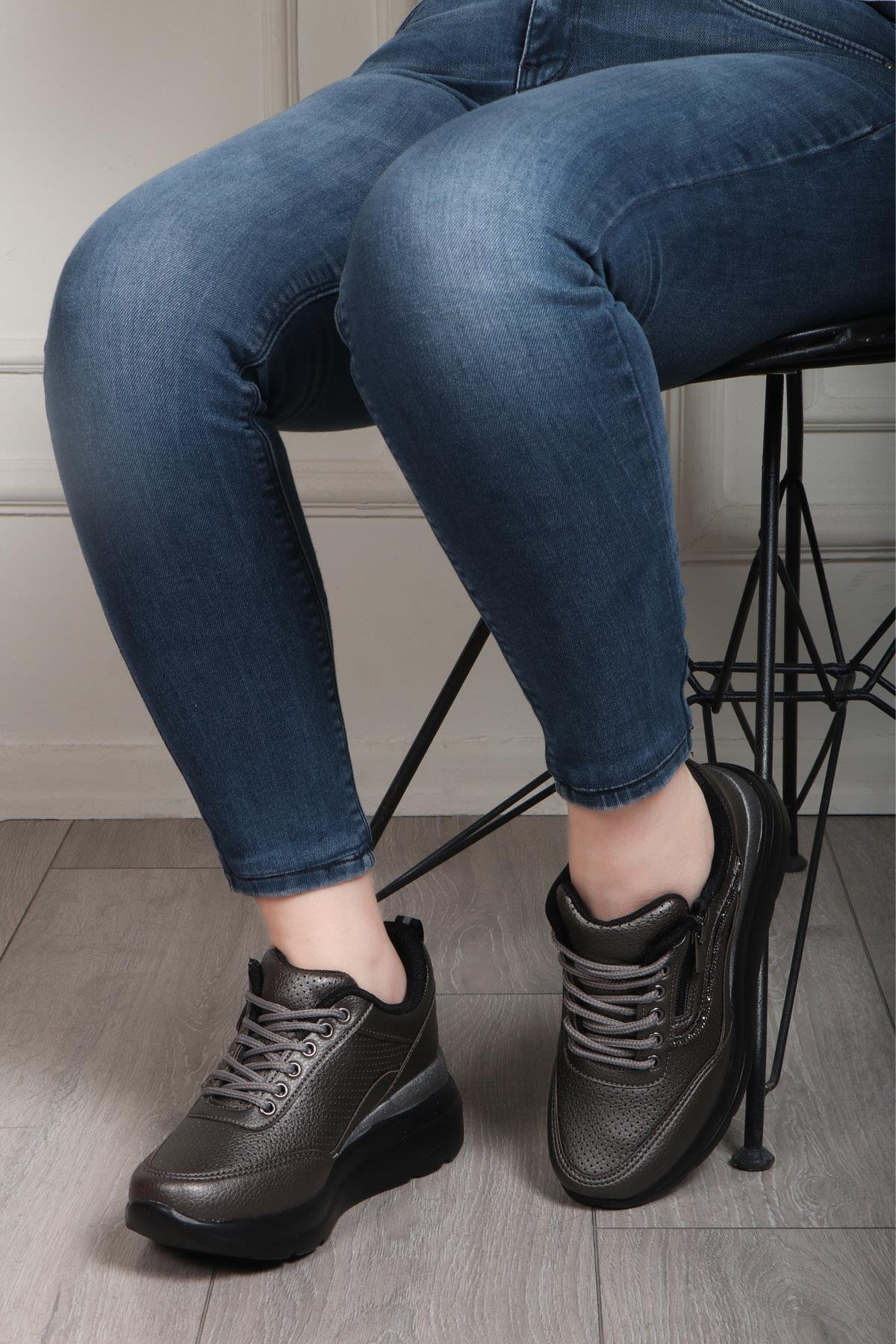 FLET 207 Cilt Fermuarlı Kadın Spor Ayakkabı Kurşun