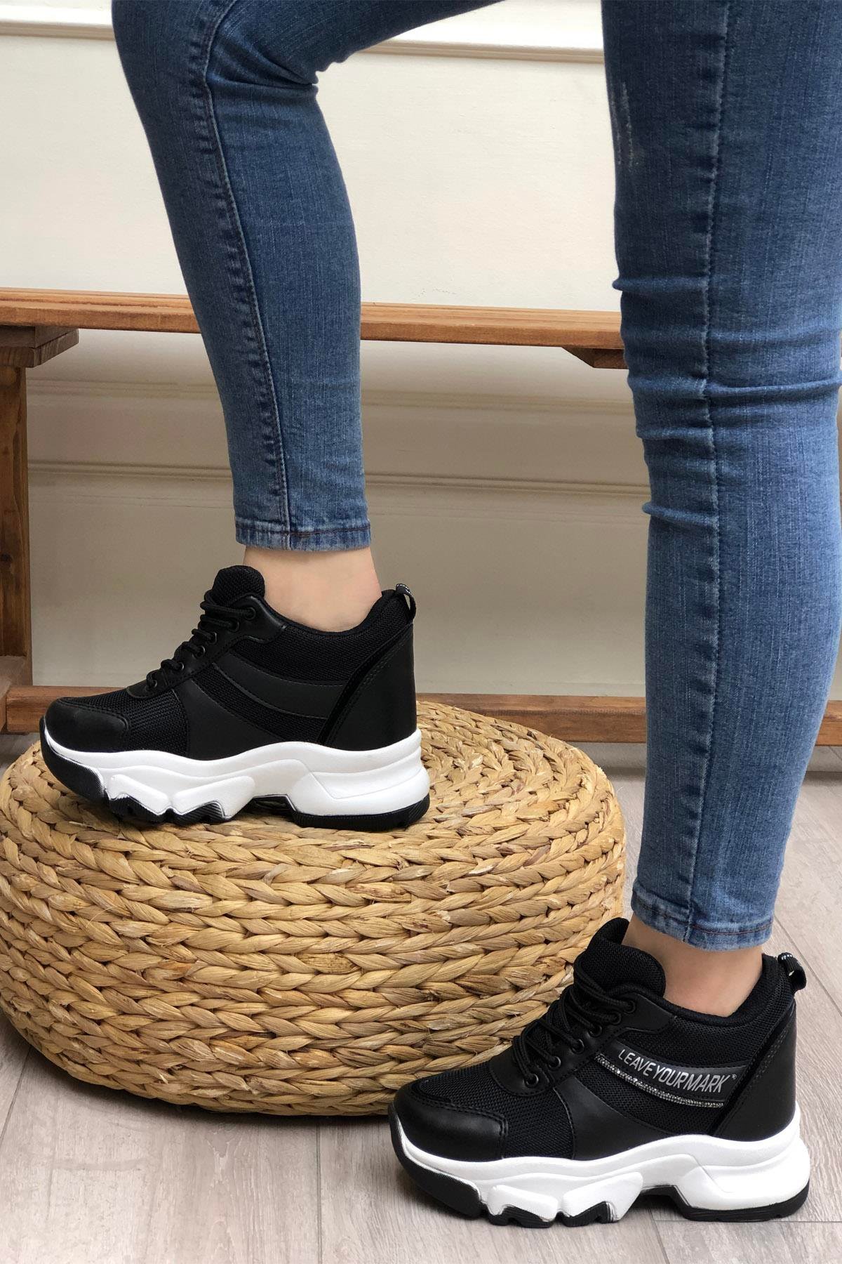 FLET 209 Anoraklı Kadın Spor Ayakkabı Siyah Beyaz