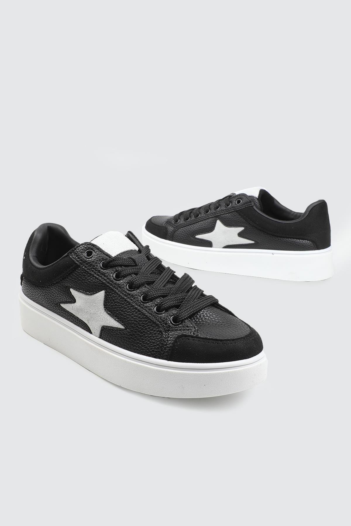 FLET 353 25K Yıldız Baskılı Kadın Spor Ayakkabı Siyah Beyaz