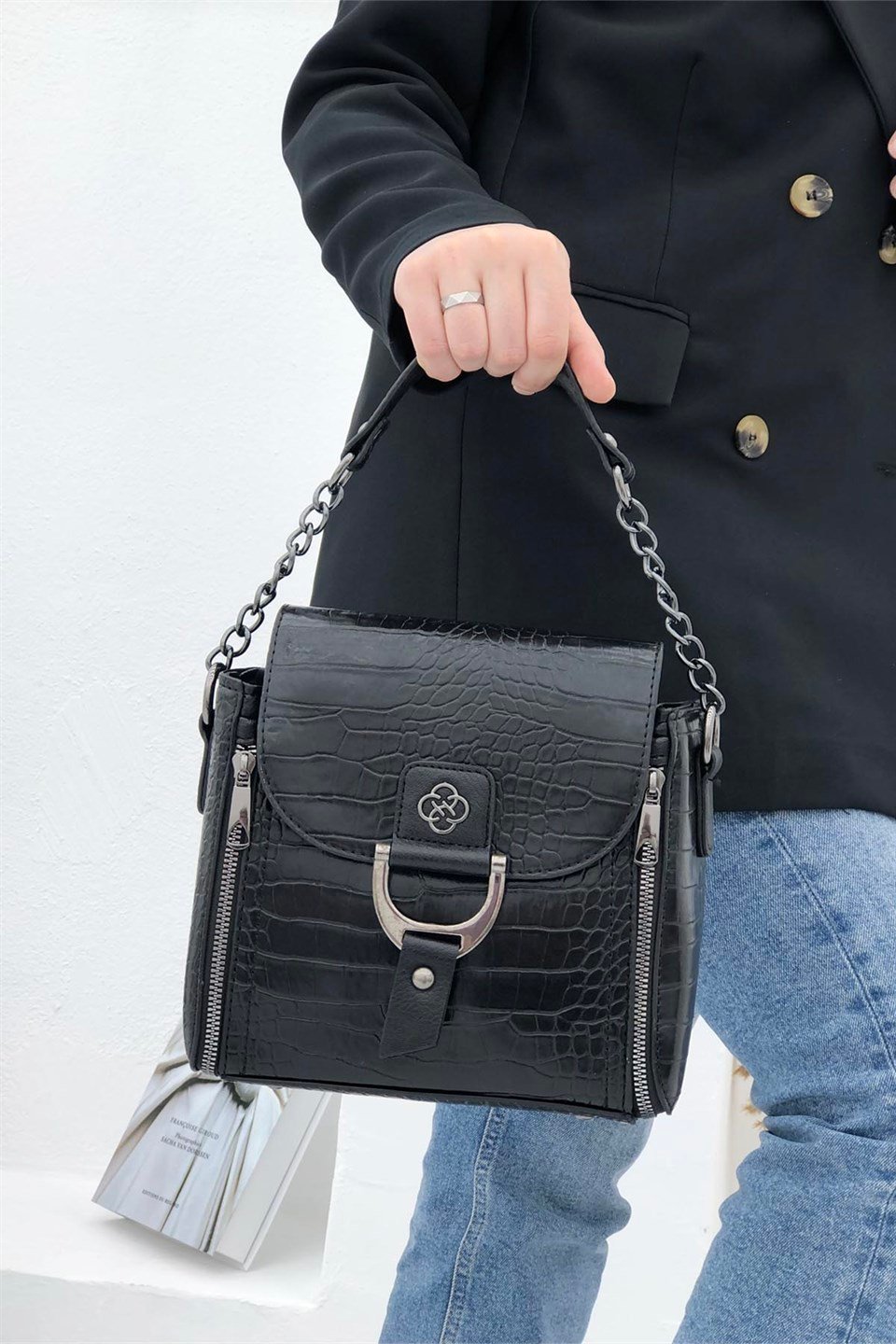 Günlük Kare Kadın Çanta Siyah Anakonda 1237