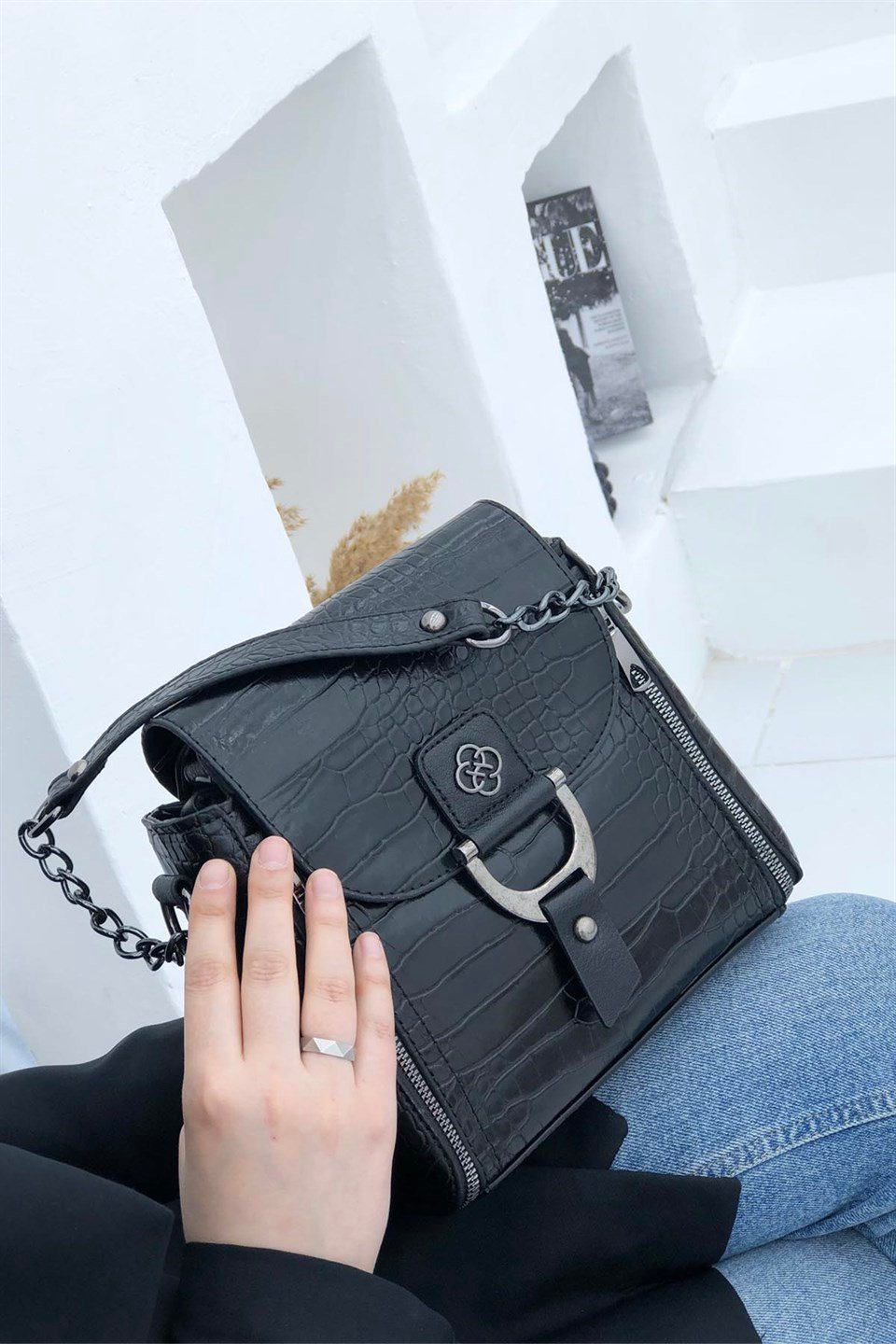 Günlük Kare Kadın Çanta Siyah Anakonda 1237