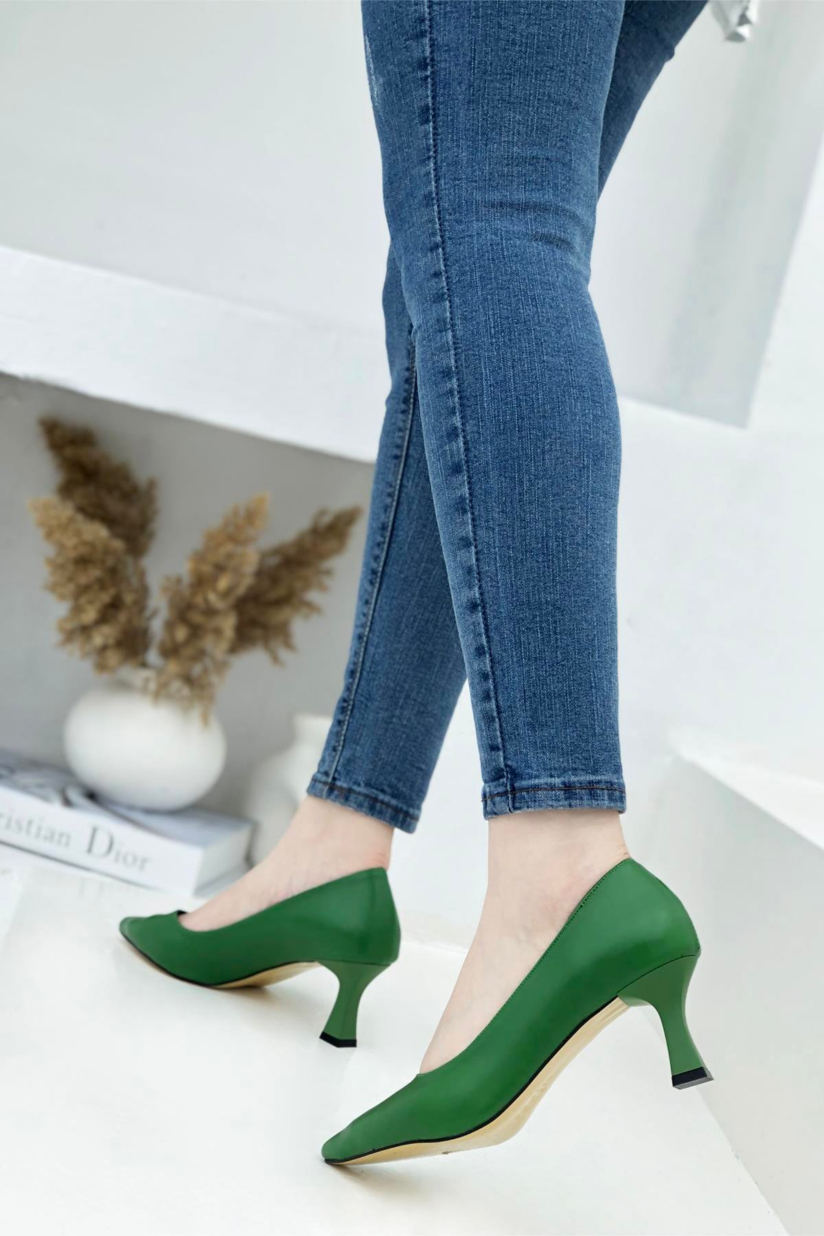 Kadeh Topuk Alçak Topuklu Kadın Stiletto Yeşil  Alya 