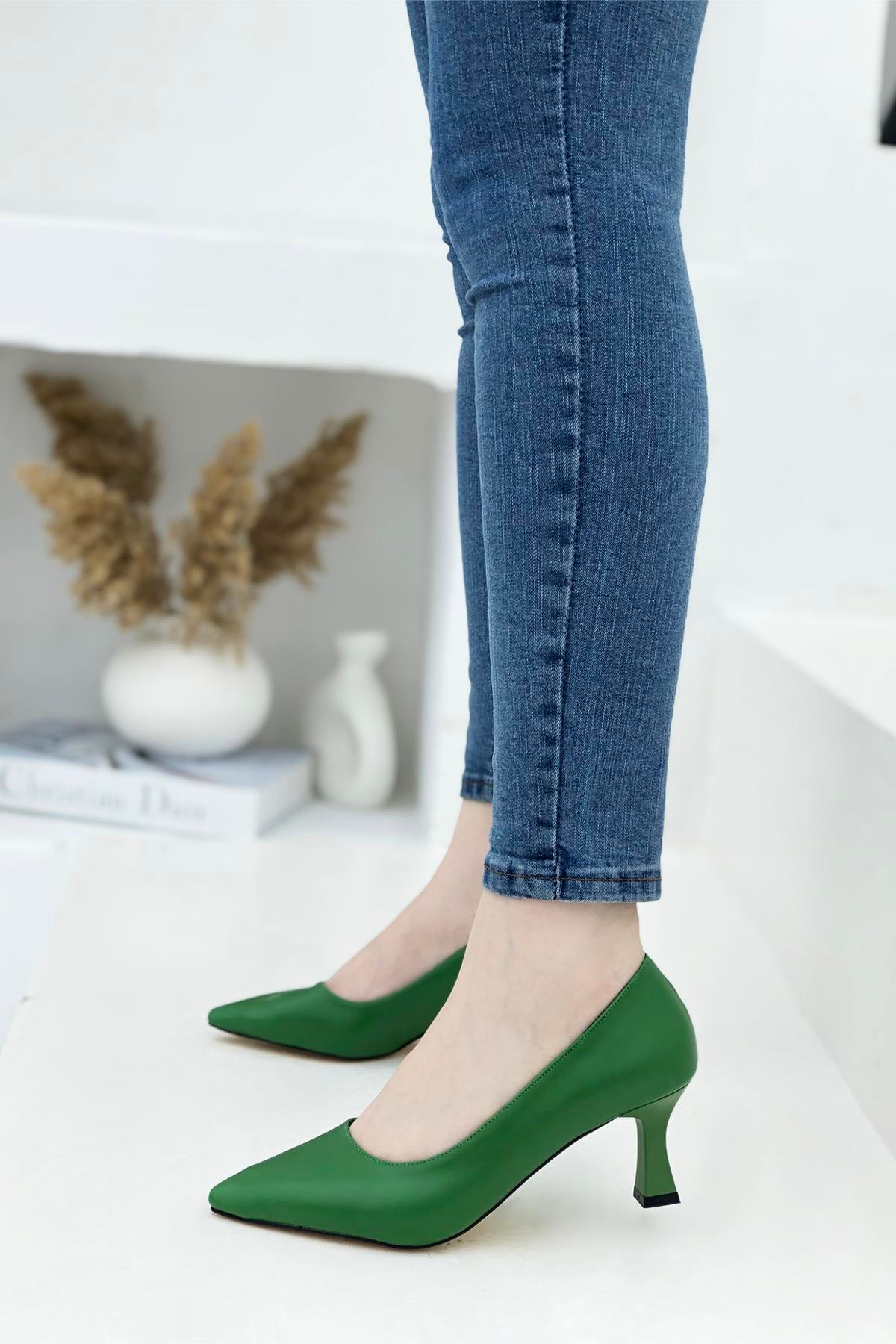 Kadeh Topuk Alçak Topuklu Kadın Stiletto Yeşil  Alya 