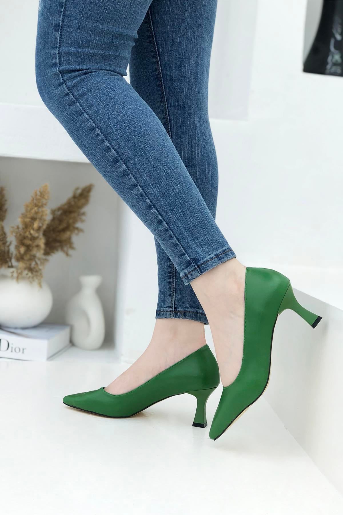 Kadeh Topuk Alçak Topuklu Kadın Stiletto Yeşil  Alya 