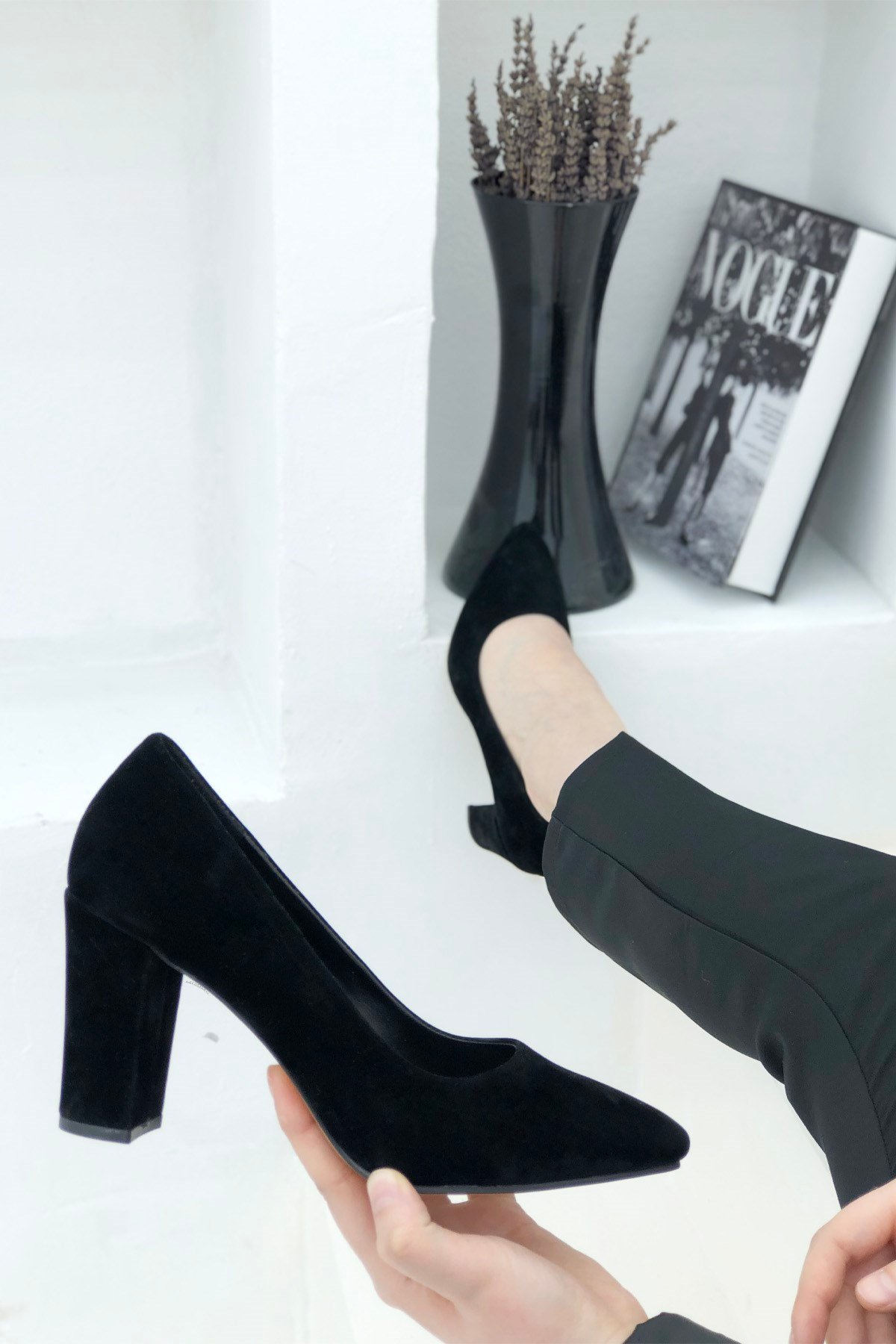 Kalın Yüksek Ökçe Stiletto Siyah N-2600 Süet