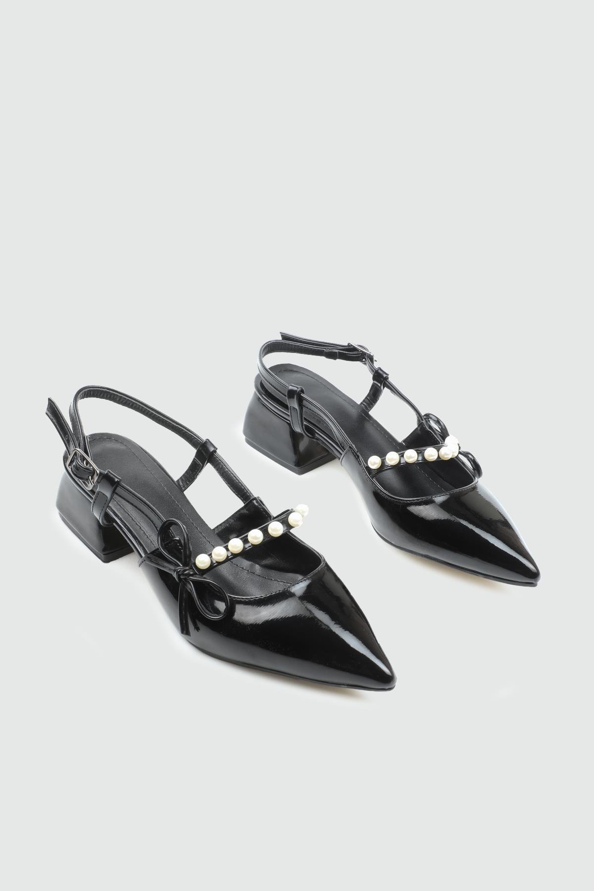 My Bella 25Y AMS-105  İncili Sivri Burun Kadın Ayakkabı Siyah Rugan