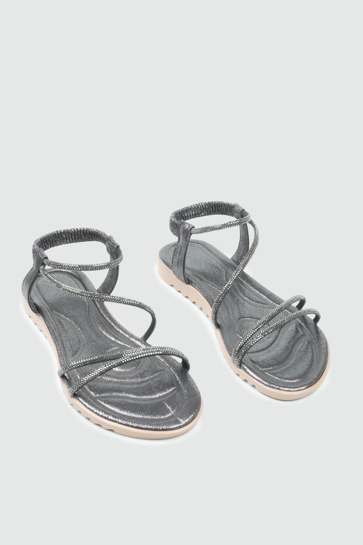 My Bella 25Y HS-044 Taşlı  Kadın Sandalet Platin Simli