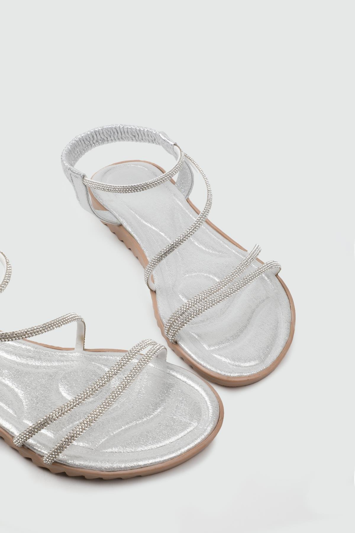 My Bella 25Y HS-044 Taşlı  Kadın Sandalet Gümüş Simli