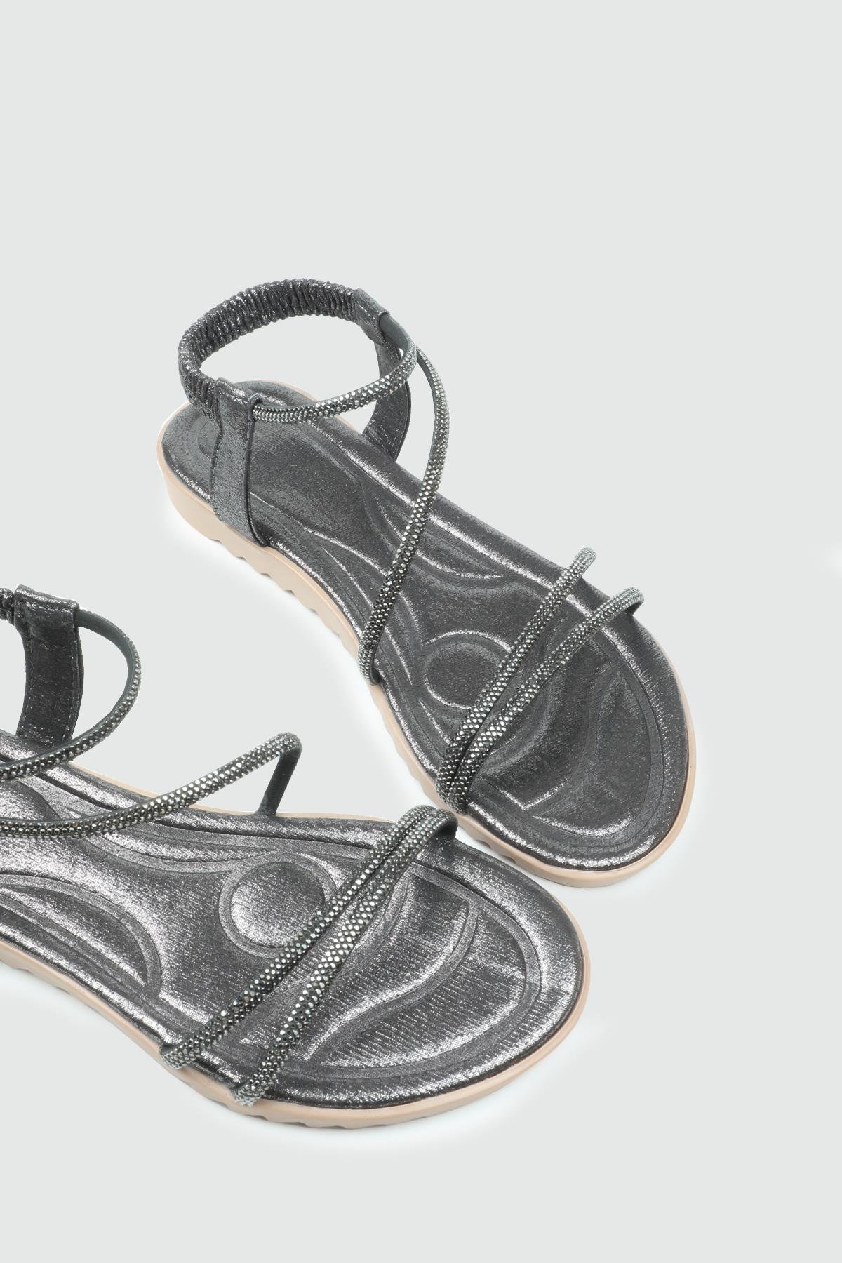 My Bella 25Y HS-044 Taşlı  Kadın Sandalet Platin Simli