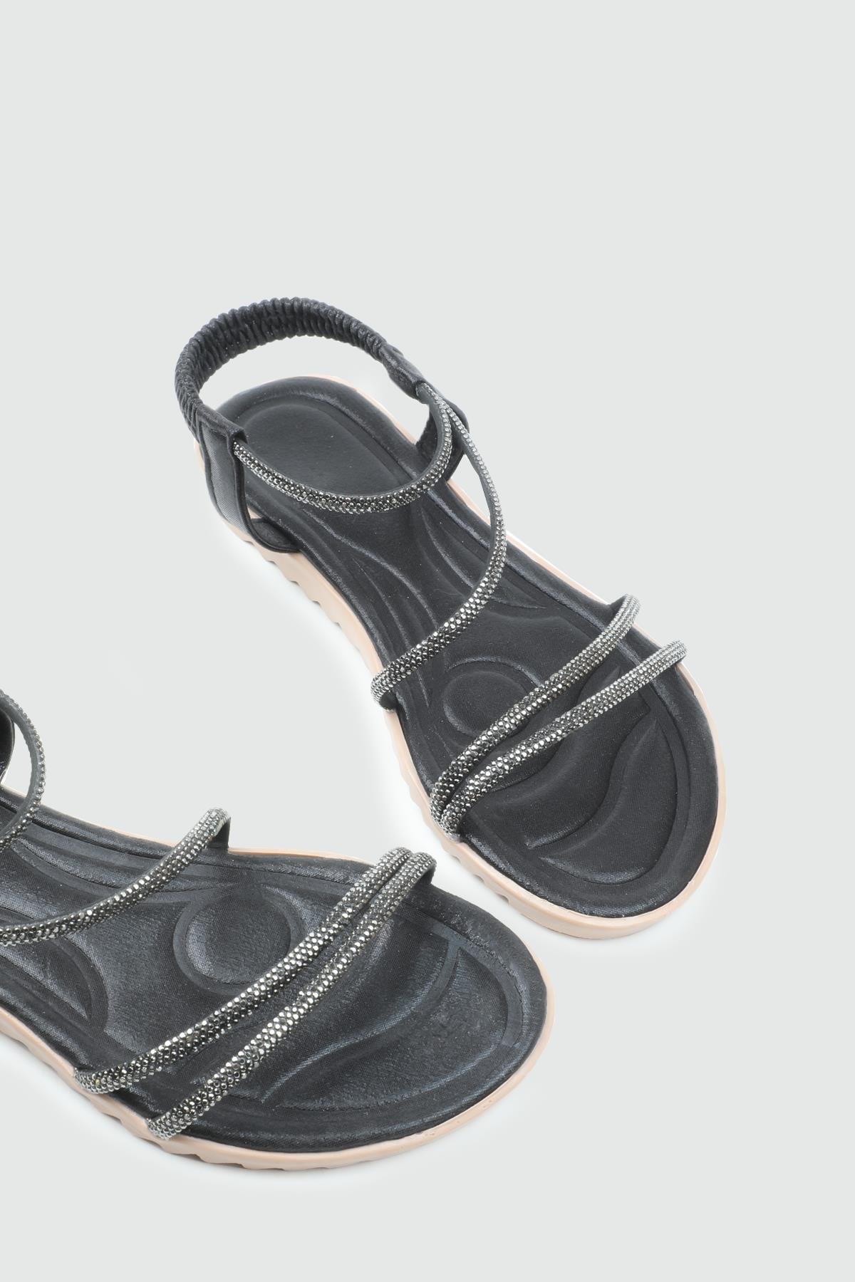 My Bella 25Y HS-044 Taşlı  Kadın Sandalet Siyah Simli