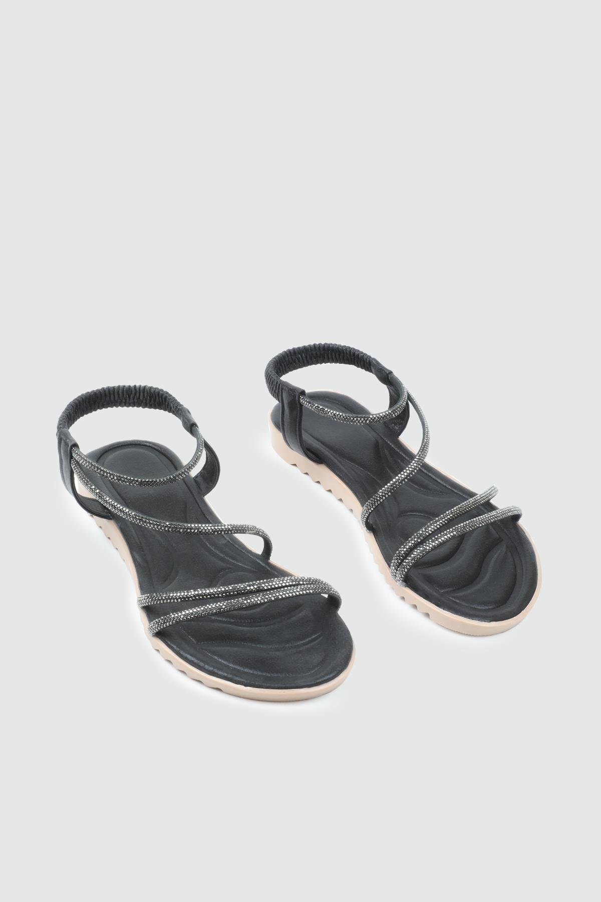 My Bella 25Y HS-044 Taşlı  Kadın Sandalet Siyah Simli