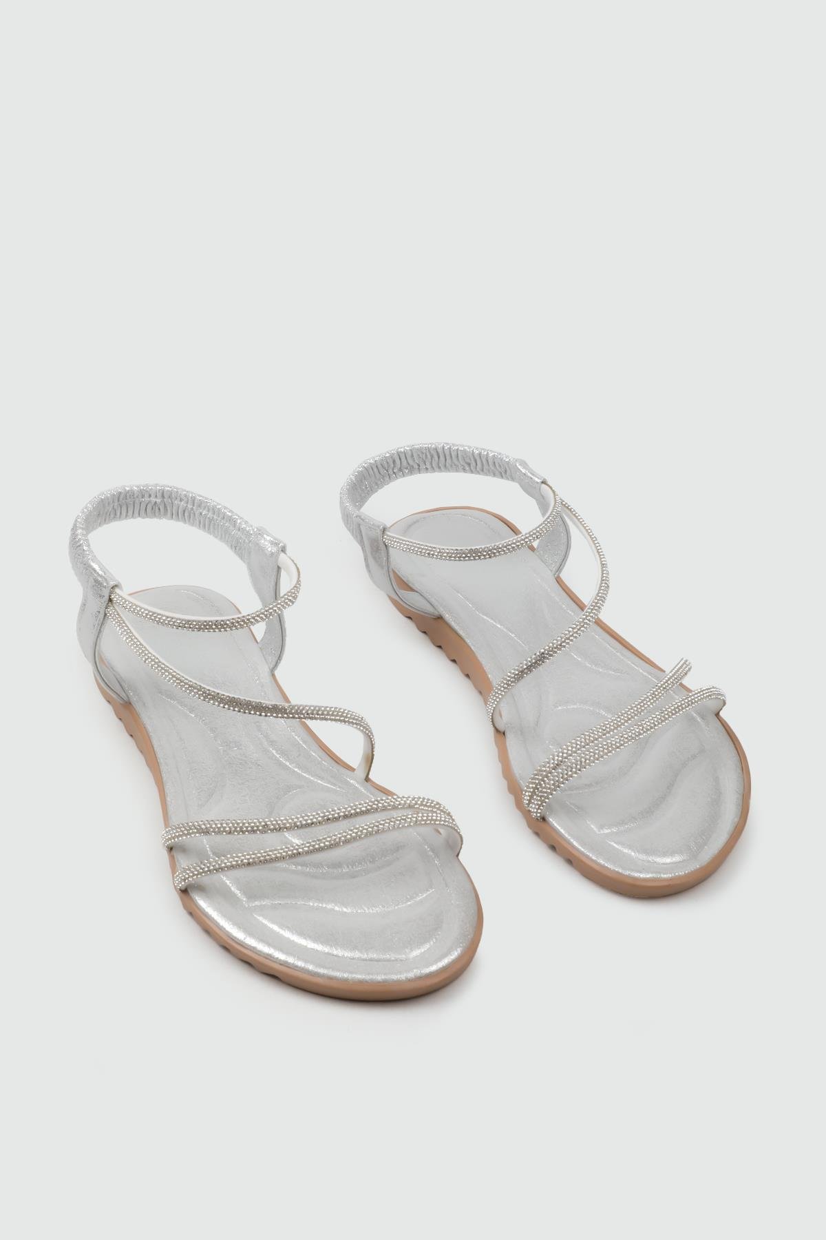 My Bella 25Y HS-044 Taşlı  Kadın Sandalet Gümüş Simli