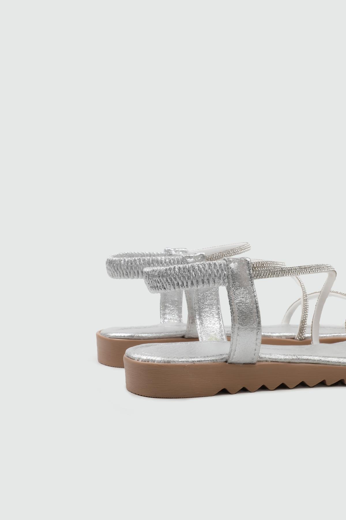 My Bella 25Y HS-077 Parmak Arası Kadın Sandalet Gümüş Simli