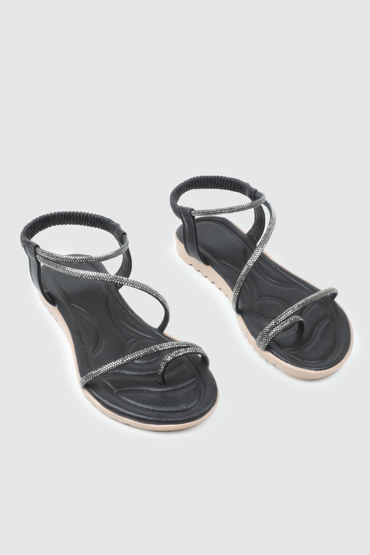 My Bella 25Y HS-077 Parmak Arası Kadın Sandalet Siyah Simli