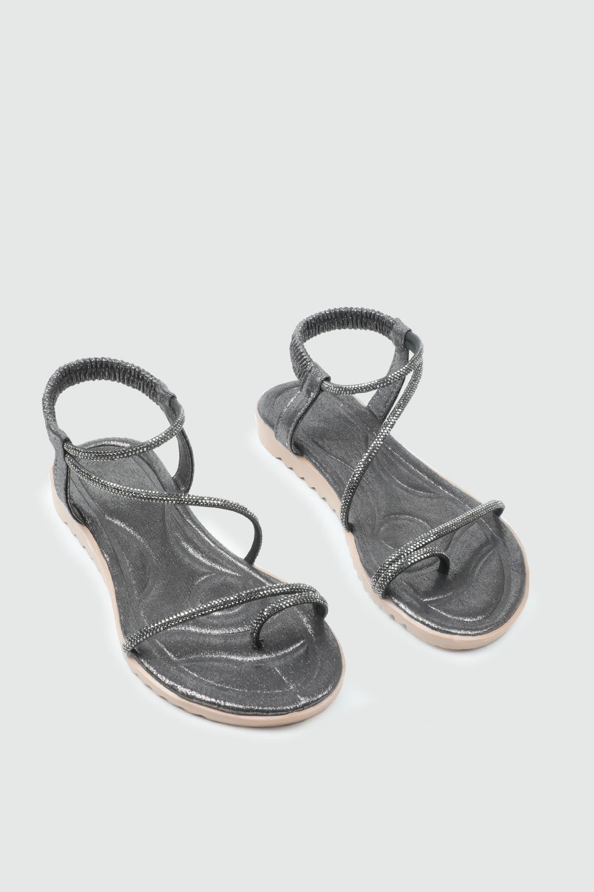 My Bella 25Y HS-077 Parmak Arası Kadın Sandalet Platin Simli