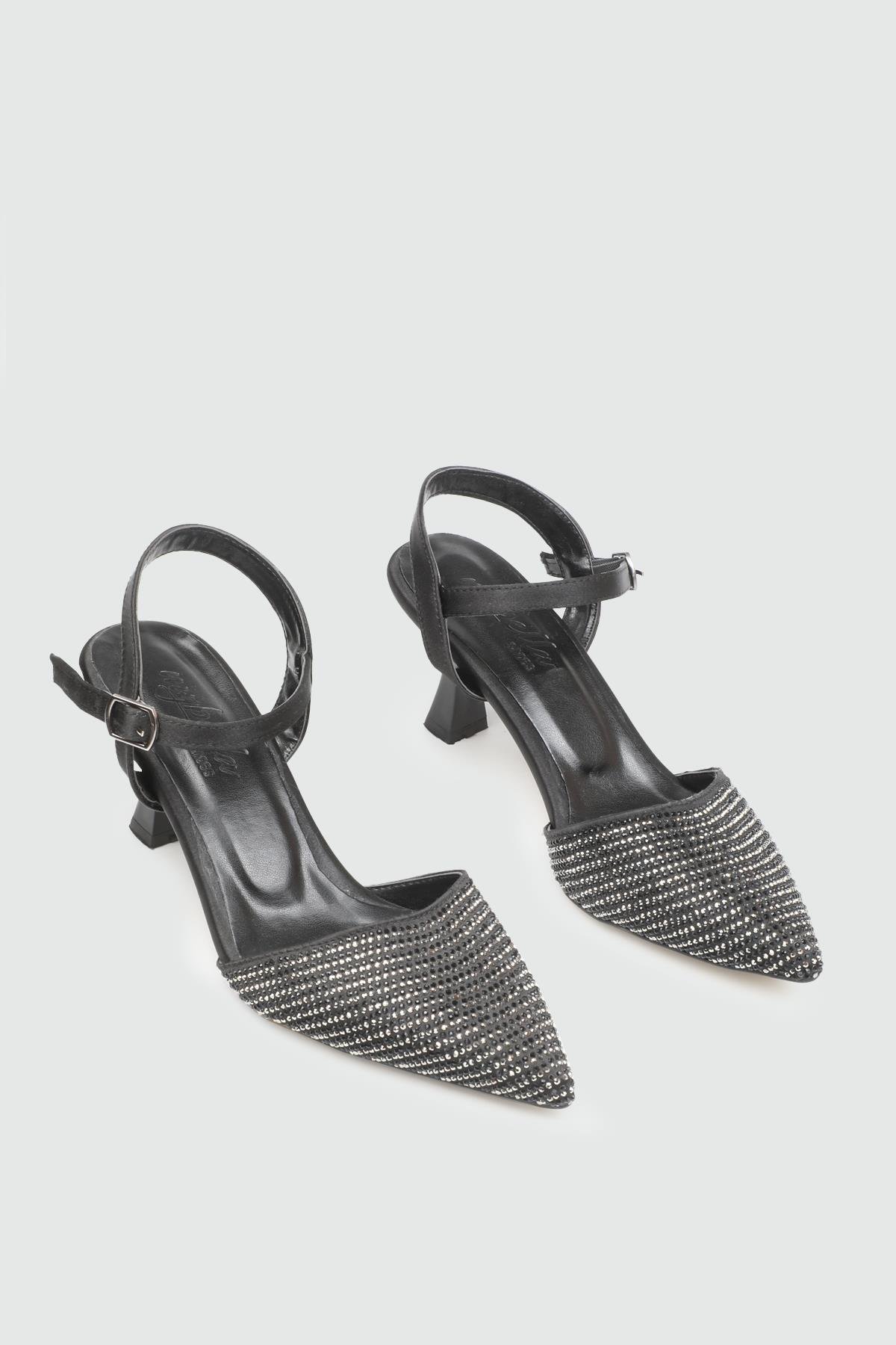 My Bella 25Y KRD-138 Açık Taşlı Kadın Ayakkabı Siyah Saten