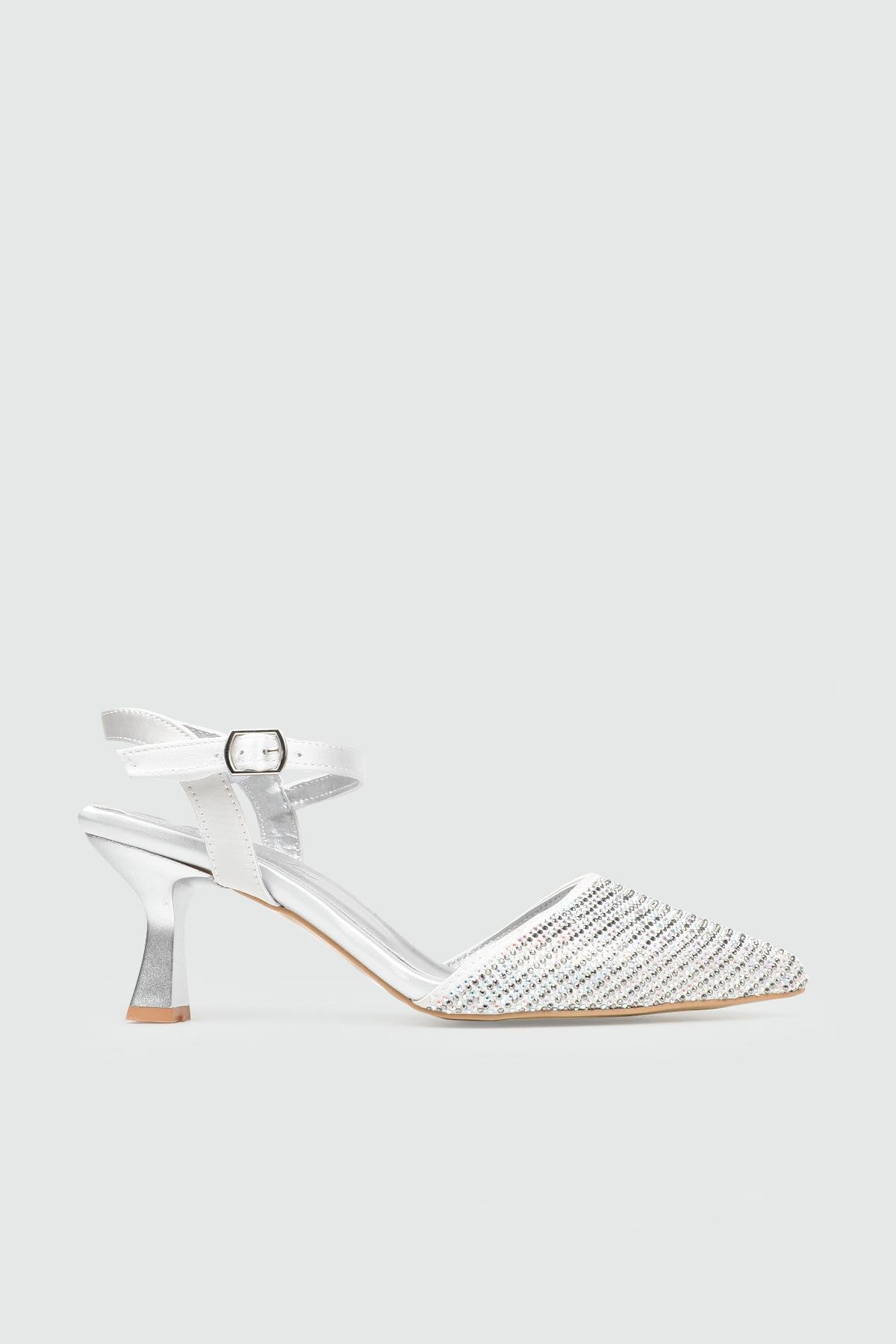 My Bella 25Y KRD-138 Açık Taşlı Kadın Ayakkabı Gümüş Saten