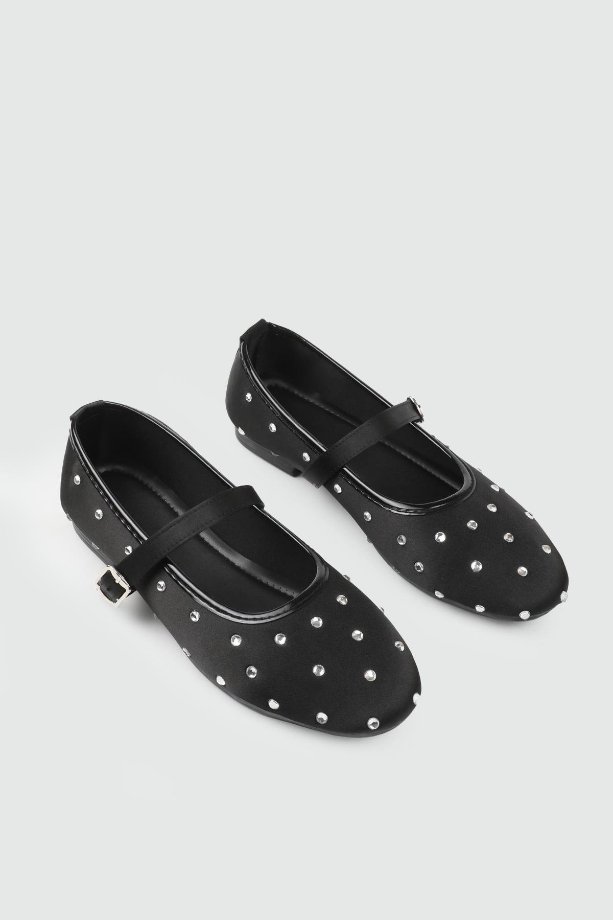 My Bella 25Y SDY-116-128 Taşlı  Kadın Babet Siyah Saten