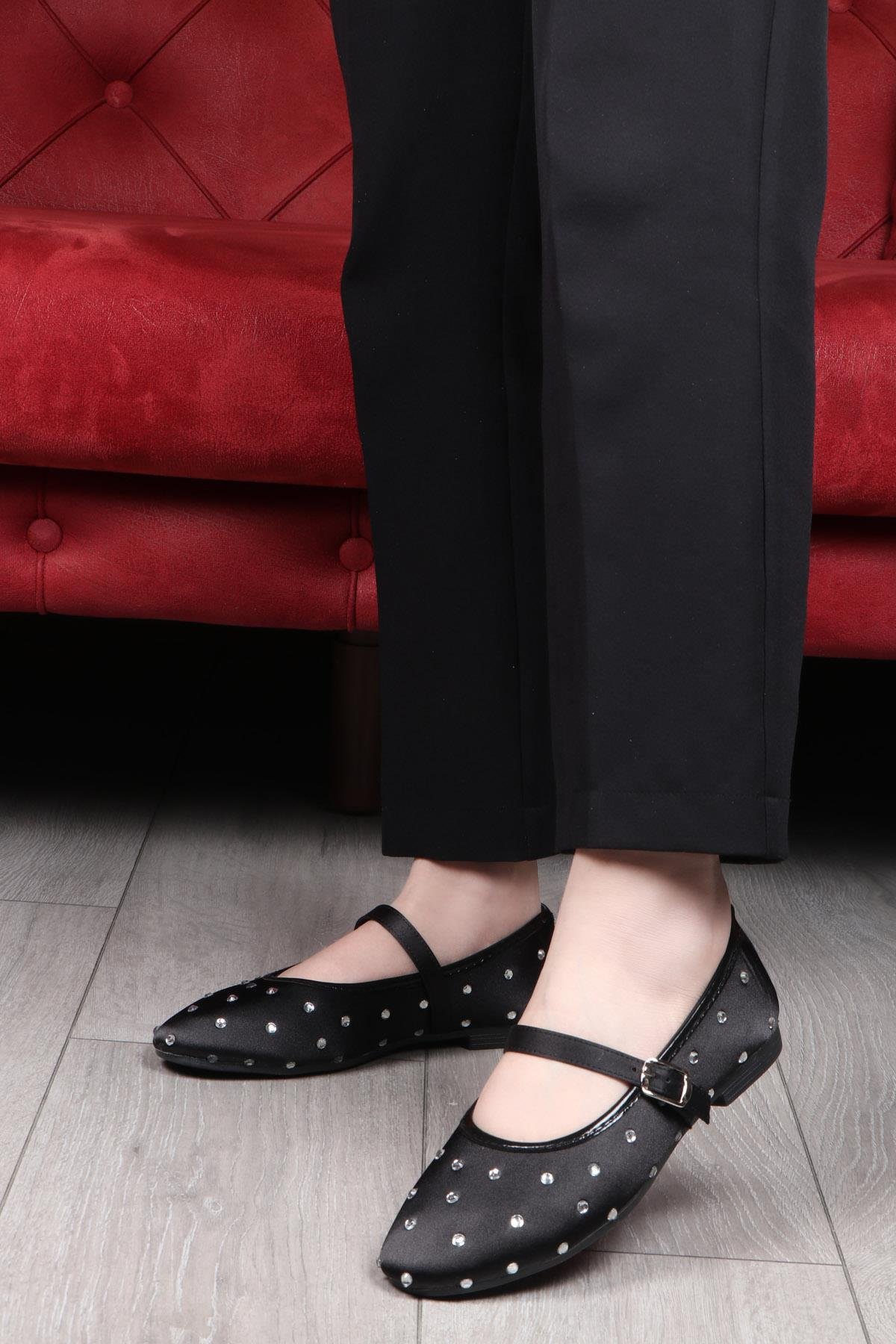 My Bella 25Y SDY-116-128 Taşlı  Kadın Babet Siyah Saten