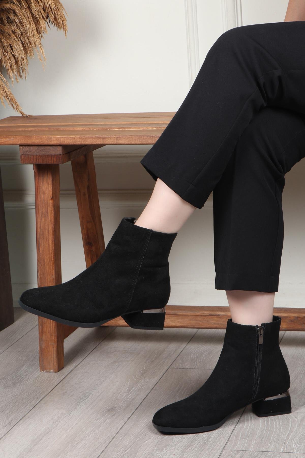 MY BELLA AC-500 Küt Burun Kadın Bot Siyah Süet