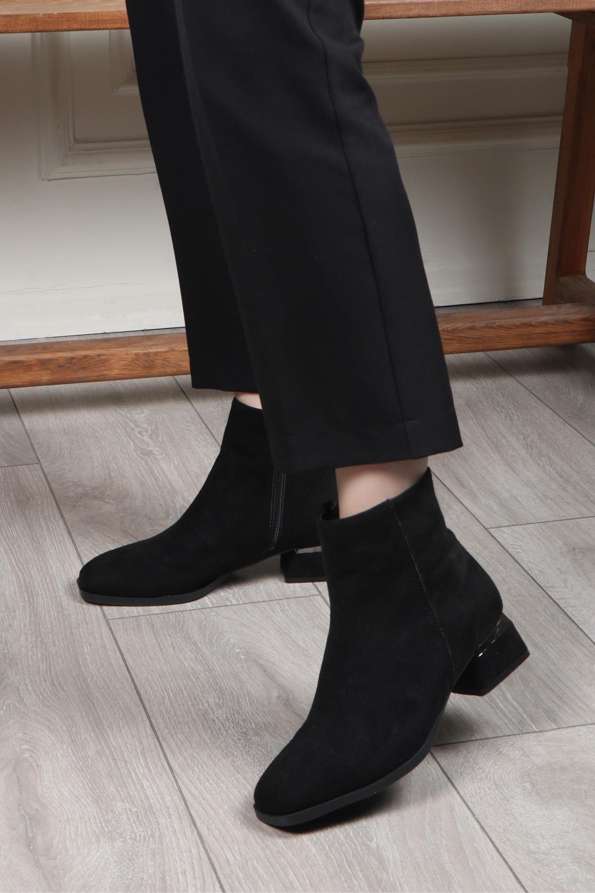 MY BELLA AC-500 Küt Burun Kadın Bot Siyah Süet