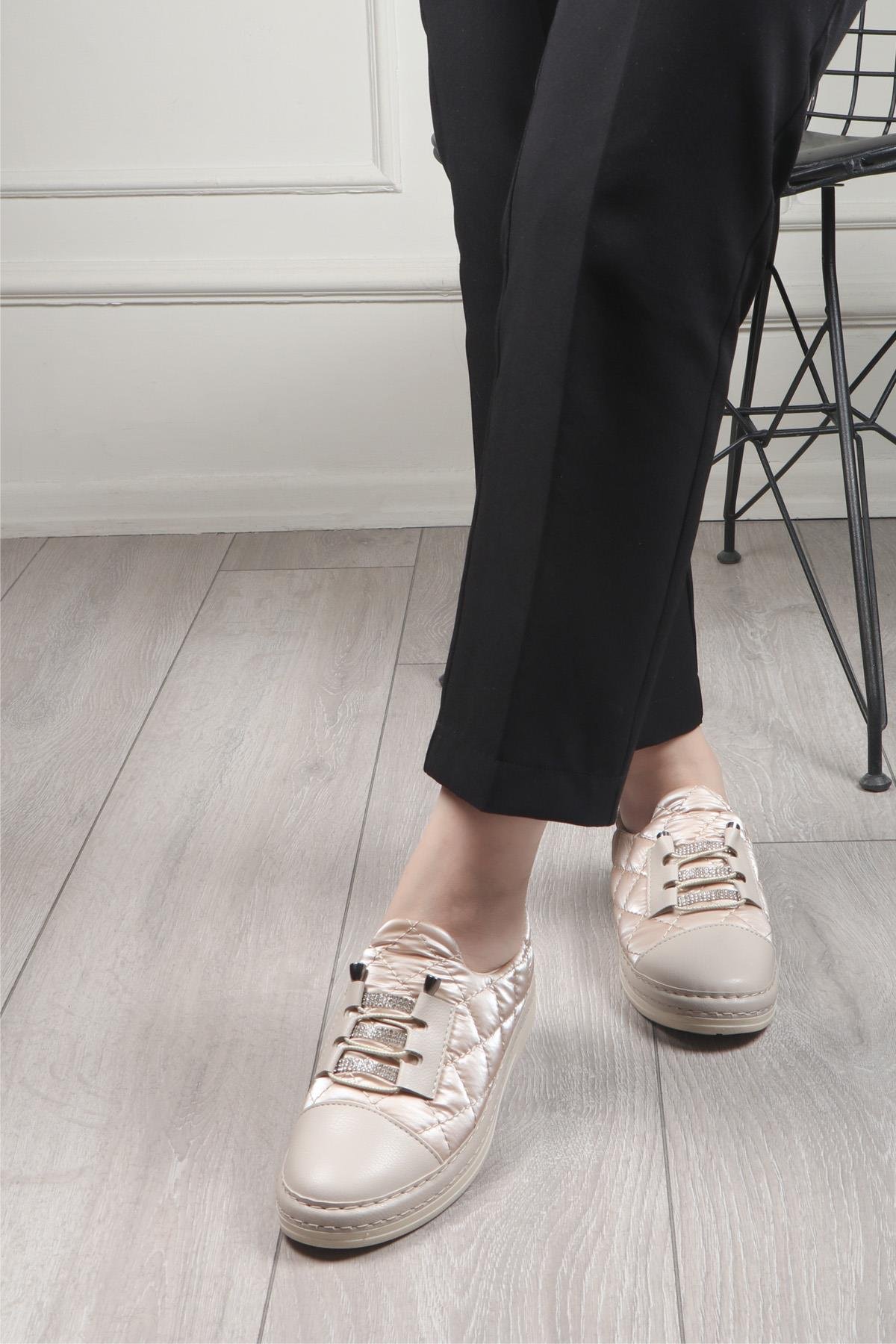 My Bella BH-3021 Bağcıklı Kadın Ayakkabı Bej Paraşüt