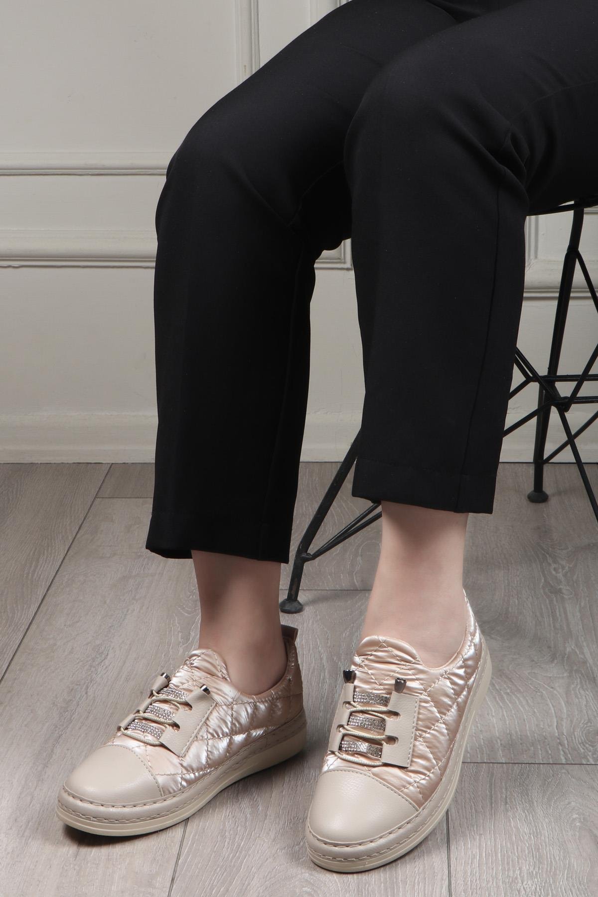 My Bella BH-3021 Bağcıklı Kadın Ayakkabı Bej Paraşüt