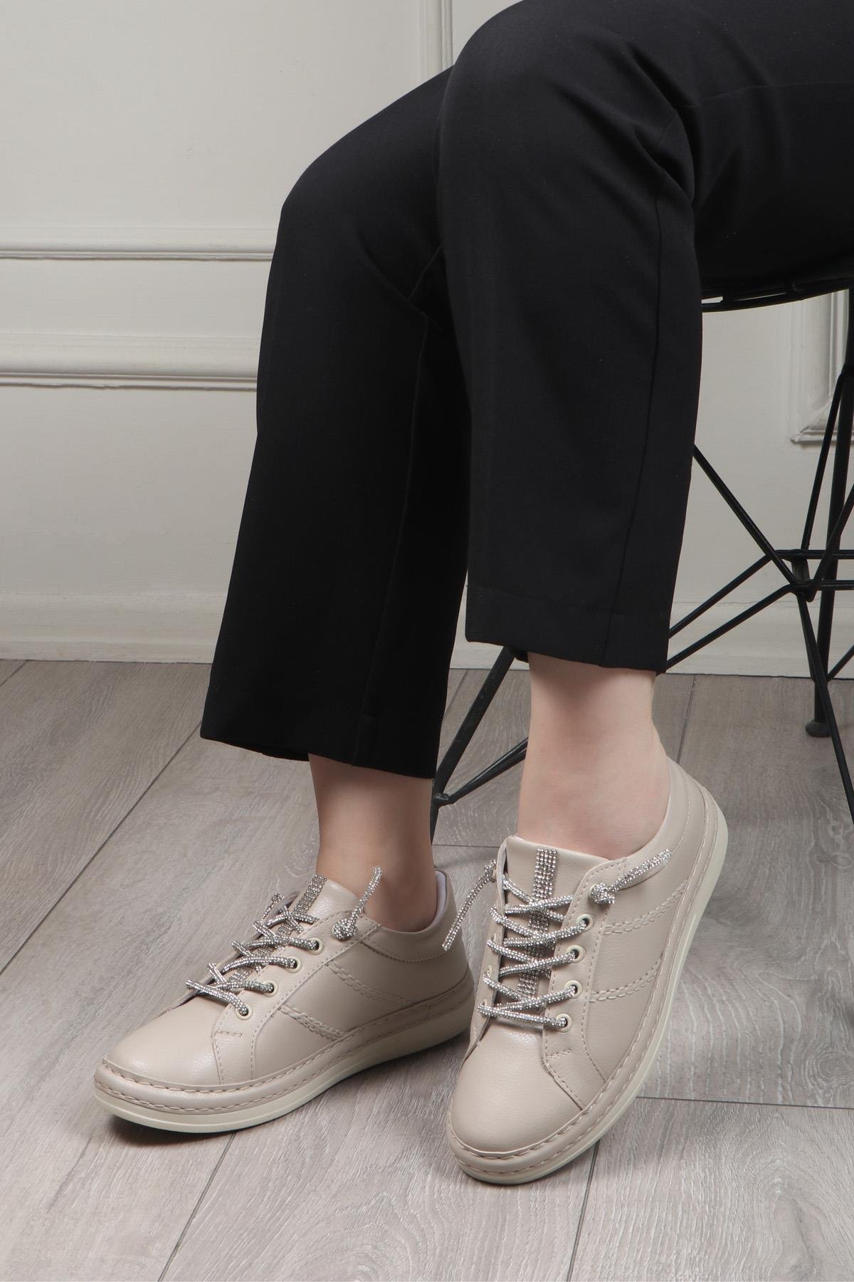 My Bella BH-3210 Bağcıklı Kadın Ayakkabı Bej