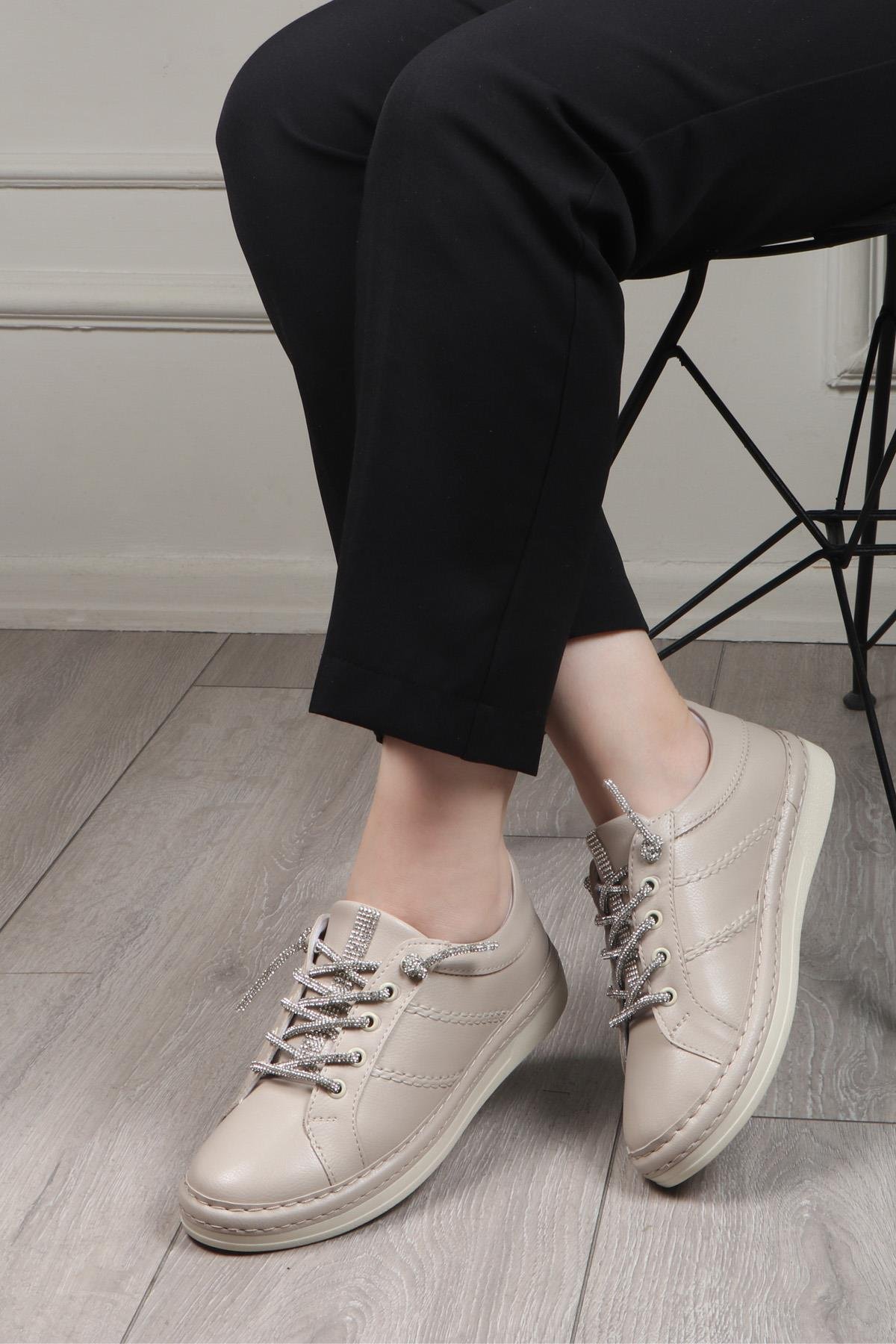 My Bella BH-3210 Bağcıklı Kadın Ayakkabı Bej