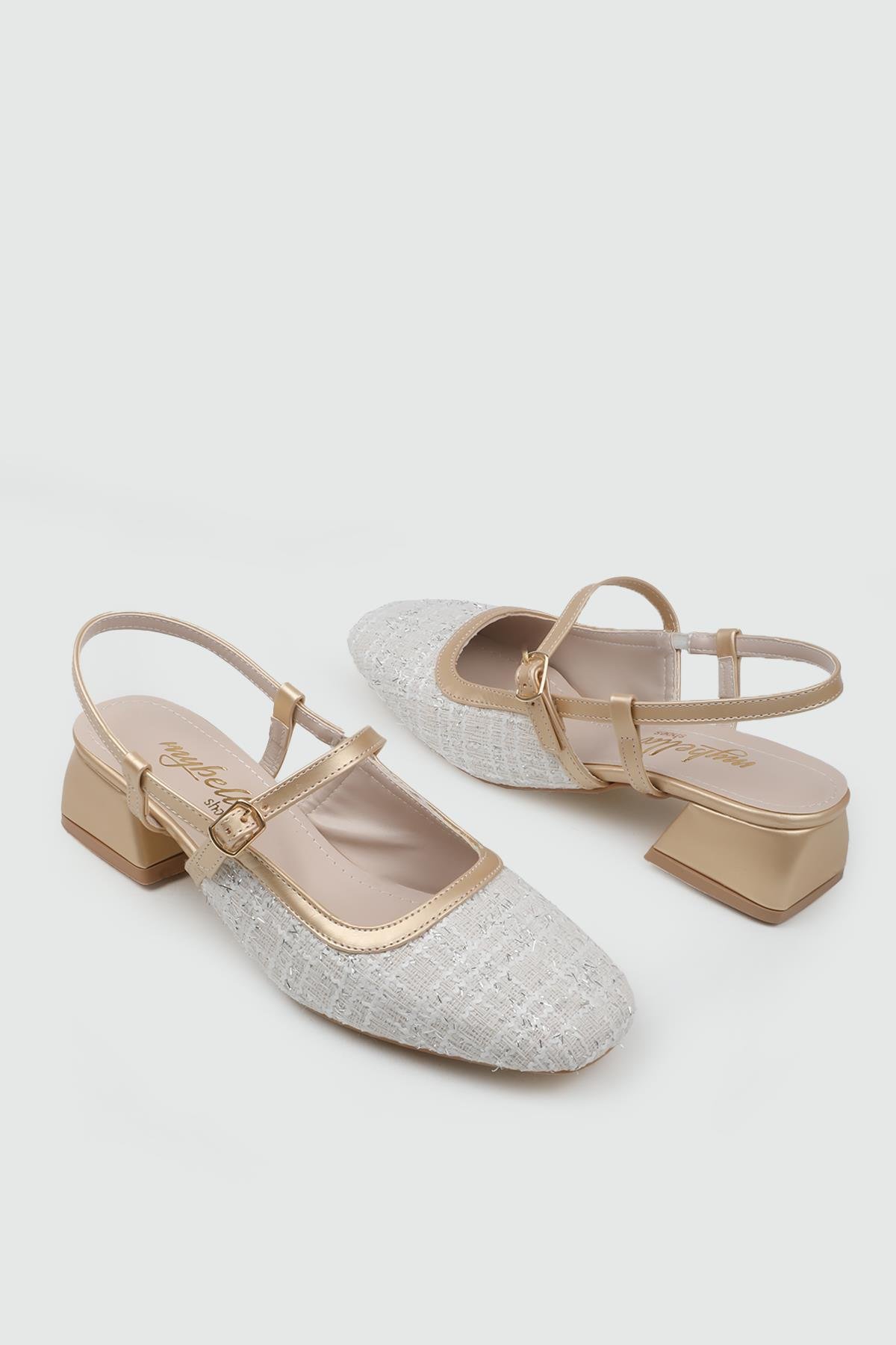 My Bella BRS-785 25Y Kare Topuk  Kadın Ayakkabı Beyaz Altın Hasır Çizgili