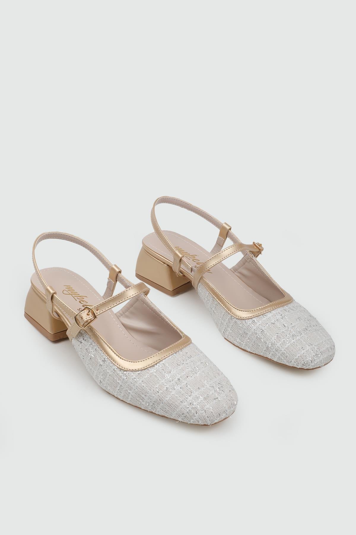 My Bella BRS-785 25Y Kare Topuk  Kadın Ayakkabı Beyaz Altın Hasır Çizgili