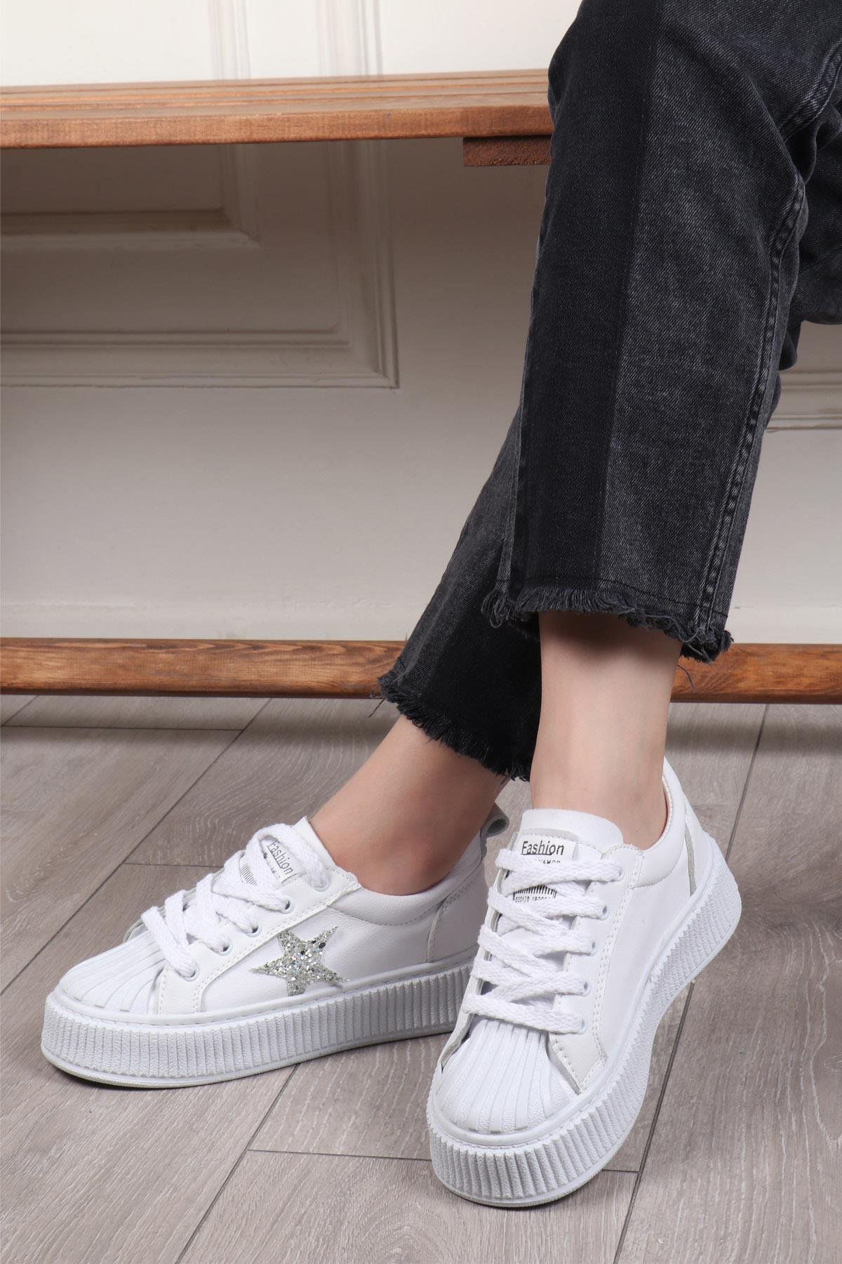 MY BELLA DV-7100 Taşlı Kadın Sneaker Beyaz