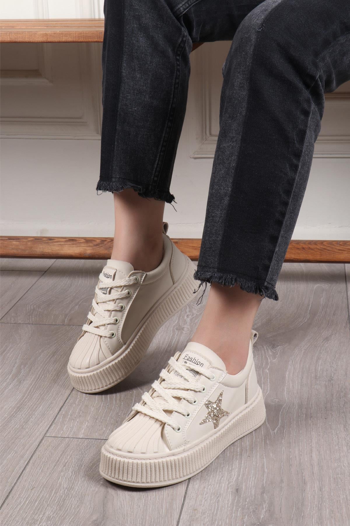 MY BELLA DV-7100 Taşlı Kadın Sneaker Bej